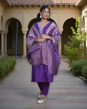 Silk V Neck Kurta Set with Banarasi Dupatta