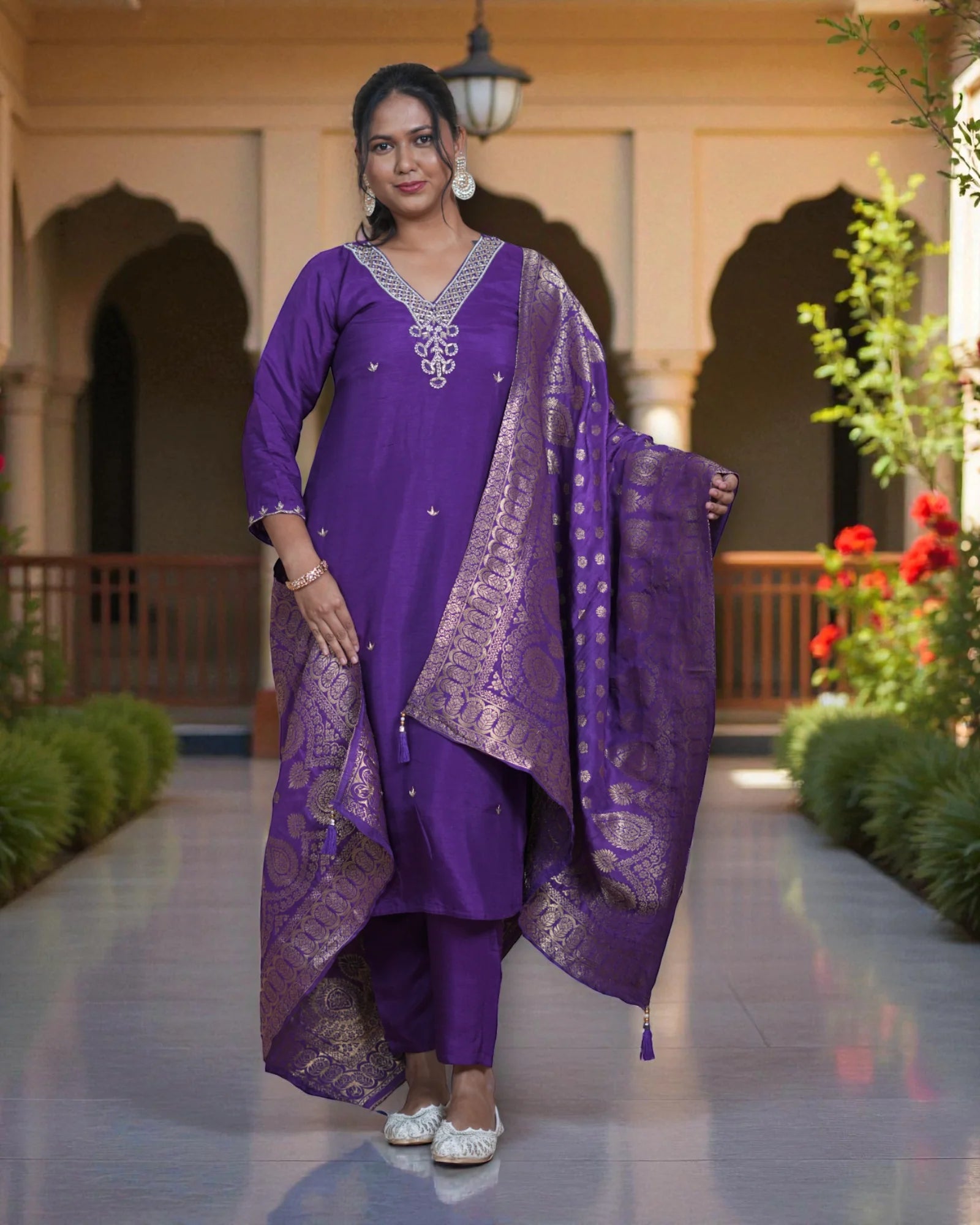 Silk V Neck Kurta Set with Banarasi Dupatta