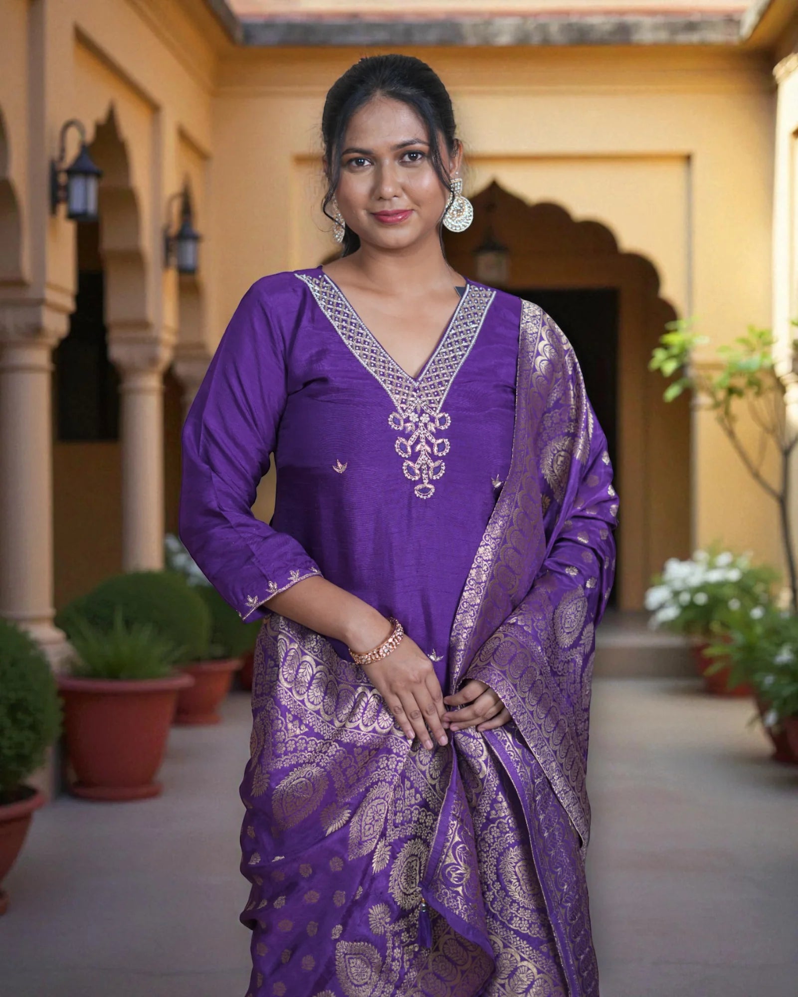 Silk V Neck Kurta Set with Banarasi Dupatta