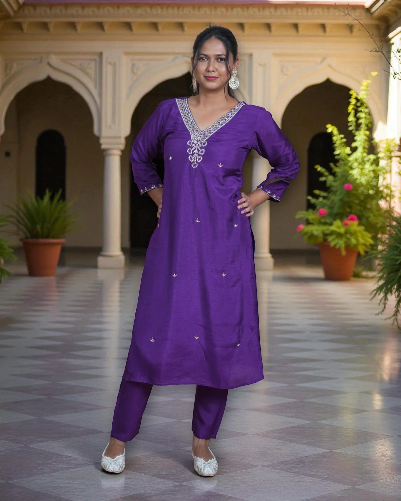 Silk V Neck Kurta Set with Banarasi Dupatta