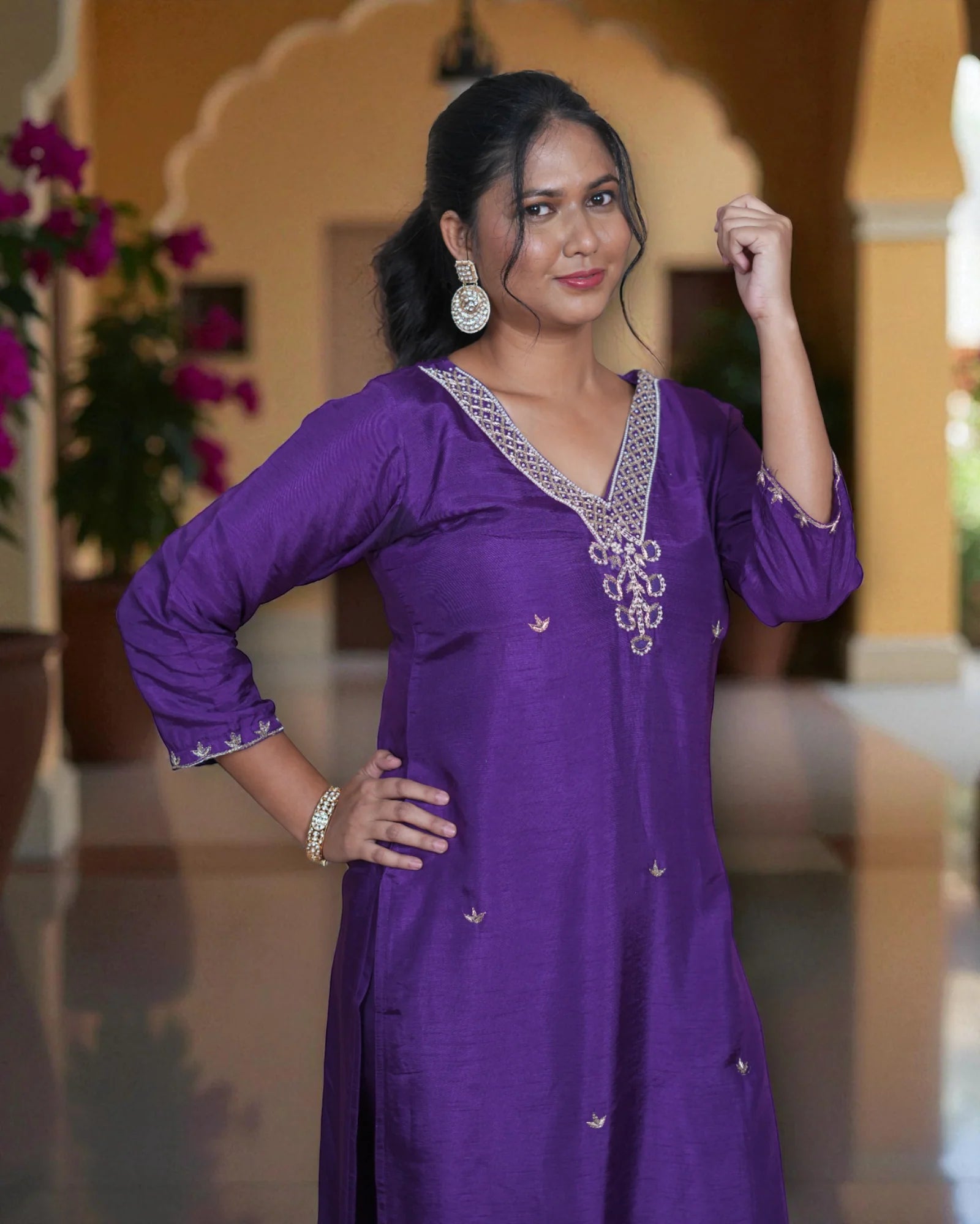 Silk V Neck Kurta Set with Banarasi Dupatta