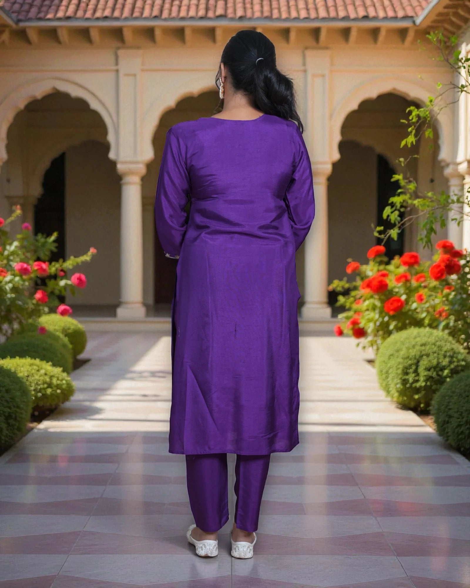 Silk V Neck Kurta Set with Banarasi Dupatta