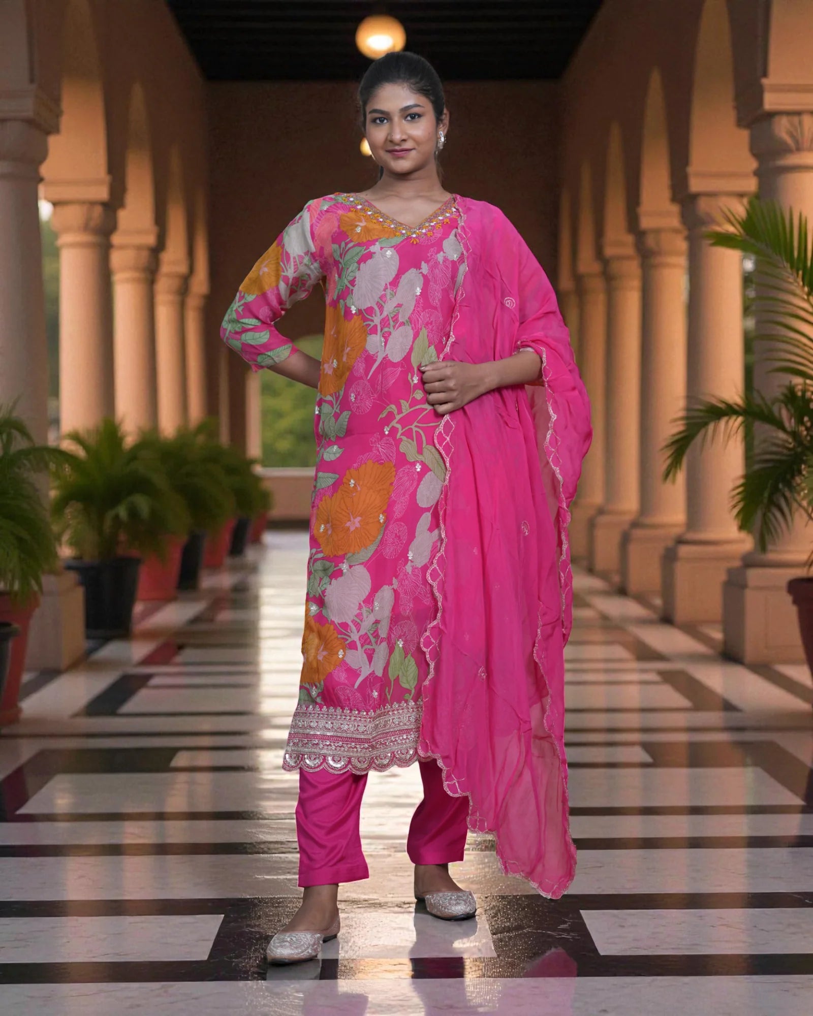 Floral Silk Embroidered Kurta Set