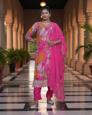 Floral Silk Embroidered Kurta Set