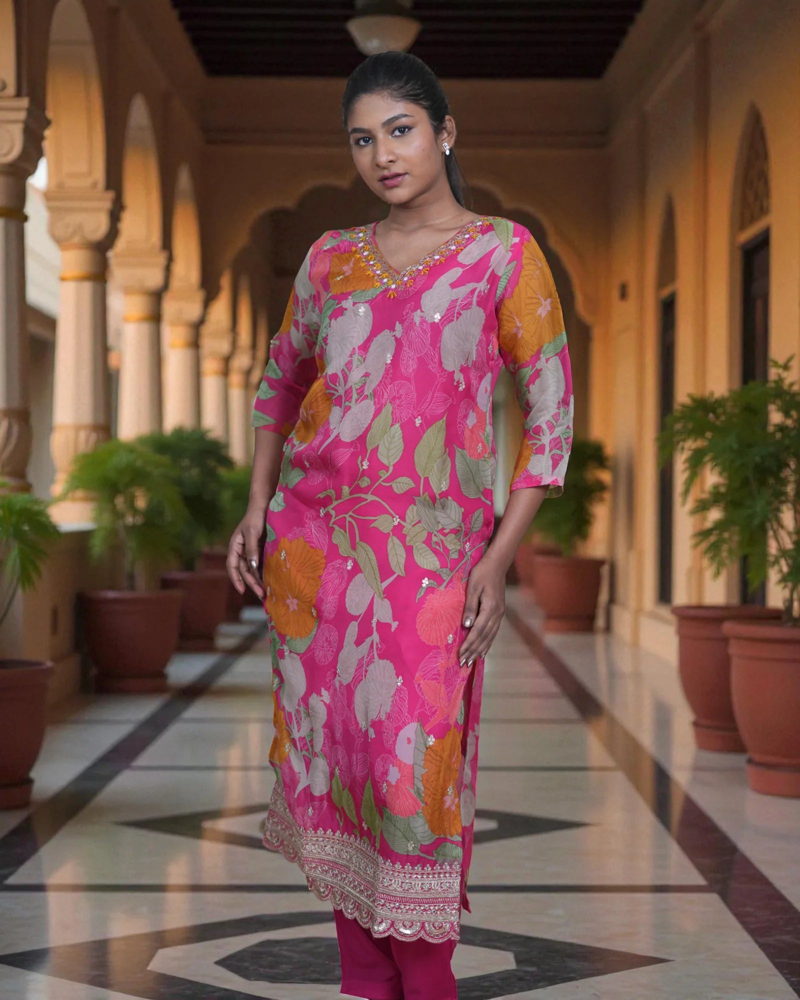 Floral Silk Embroidered Kurta Set