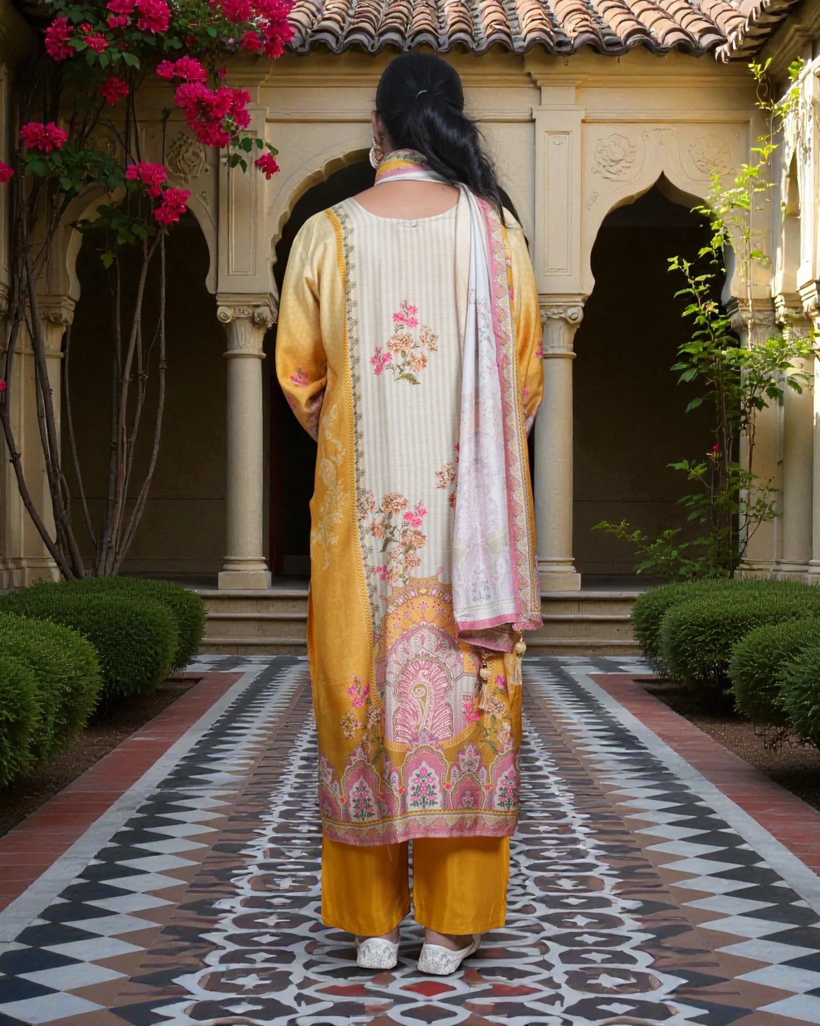 Crepe Silk Kurta Set with Floral Print Dupatta