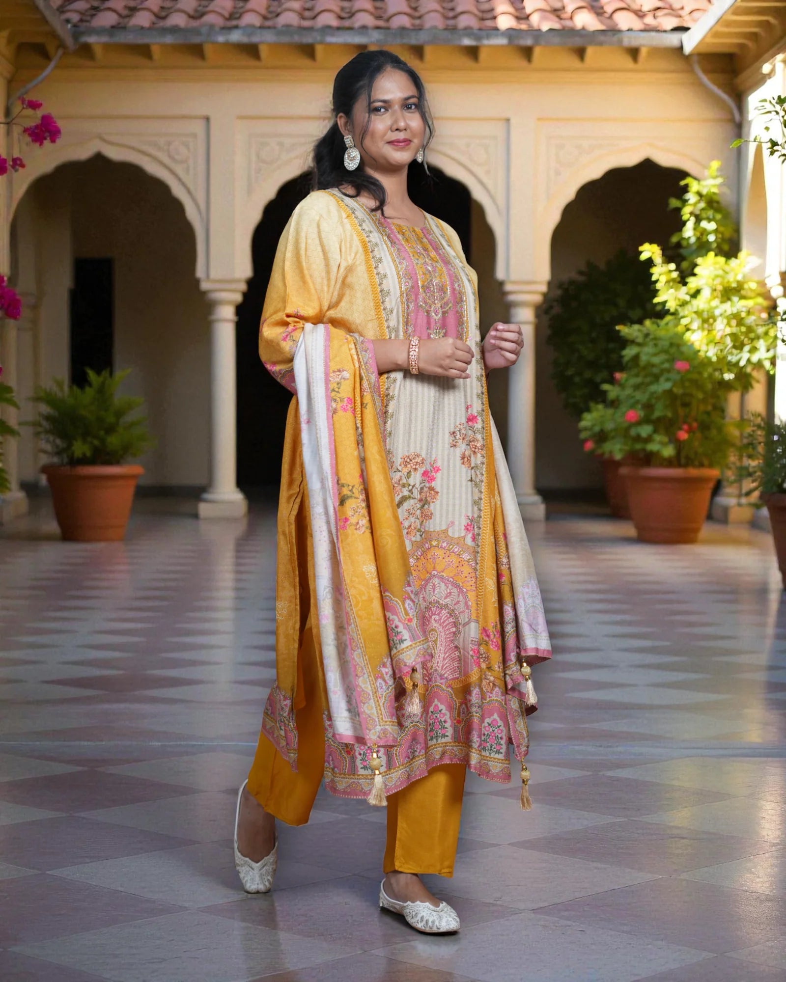 Crepe Silk Kurta Set with Floral Print Dupatta