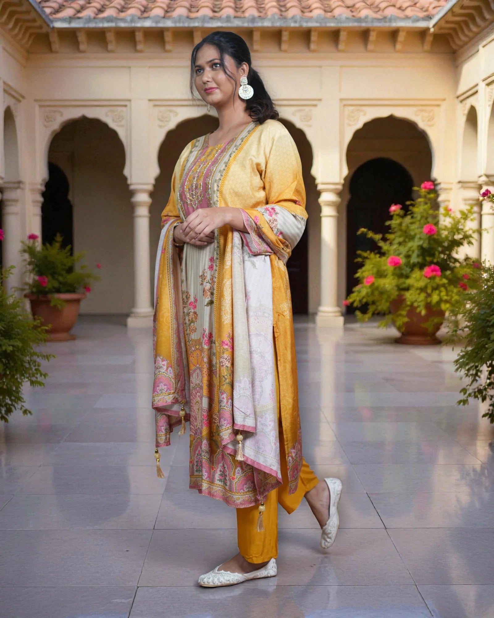 Crepe Silk Kurta Set with Floral Print Dupatta