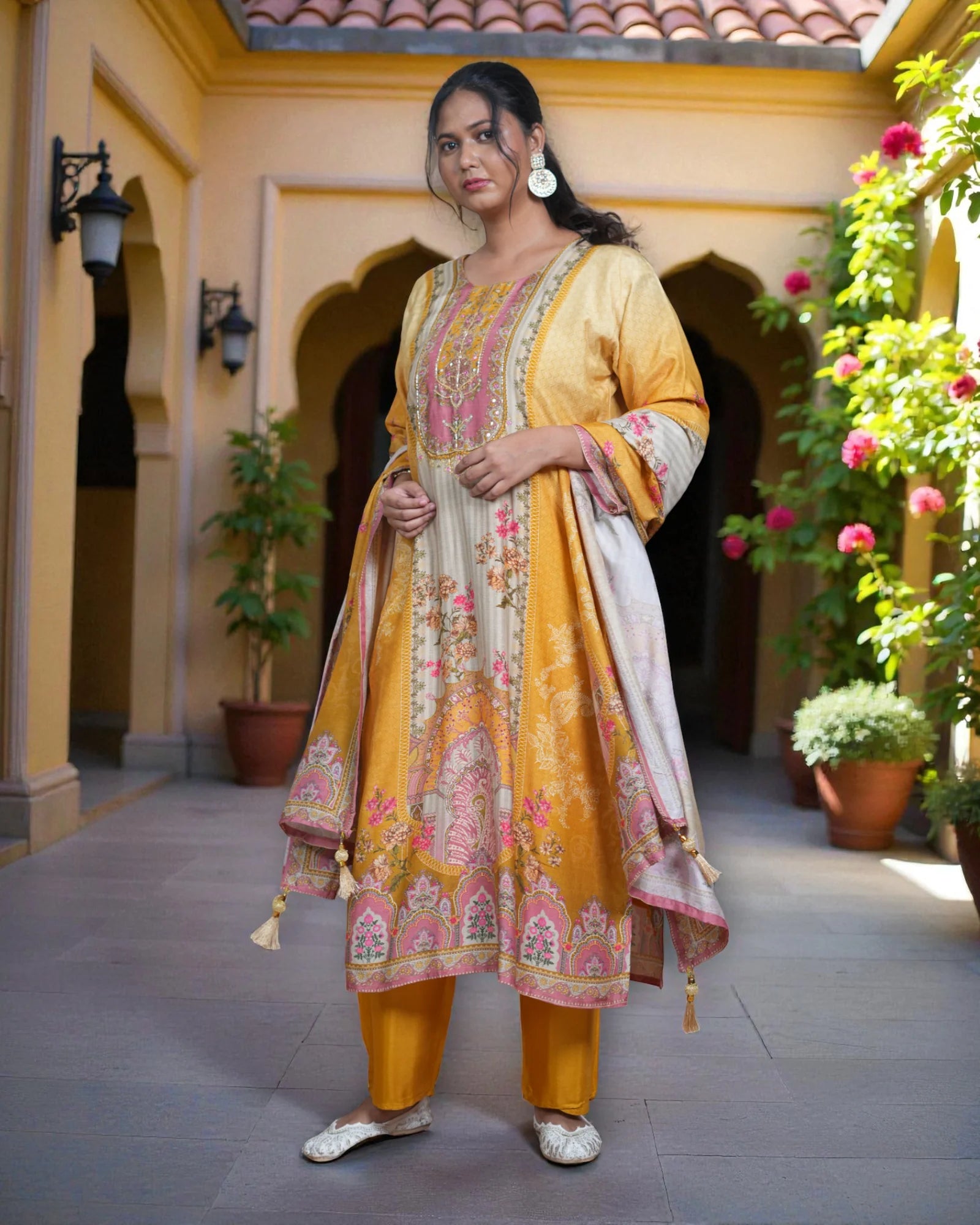 Crepe Silk Kurta Set with Floral Print Dupatta