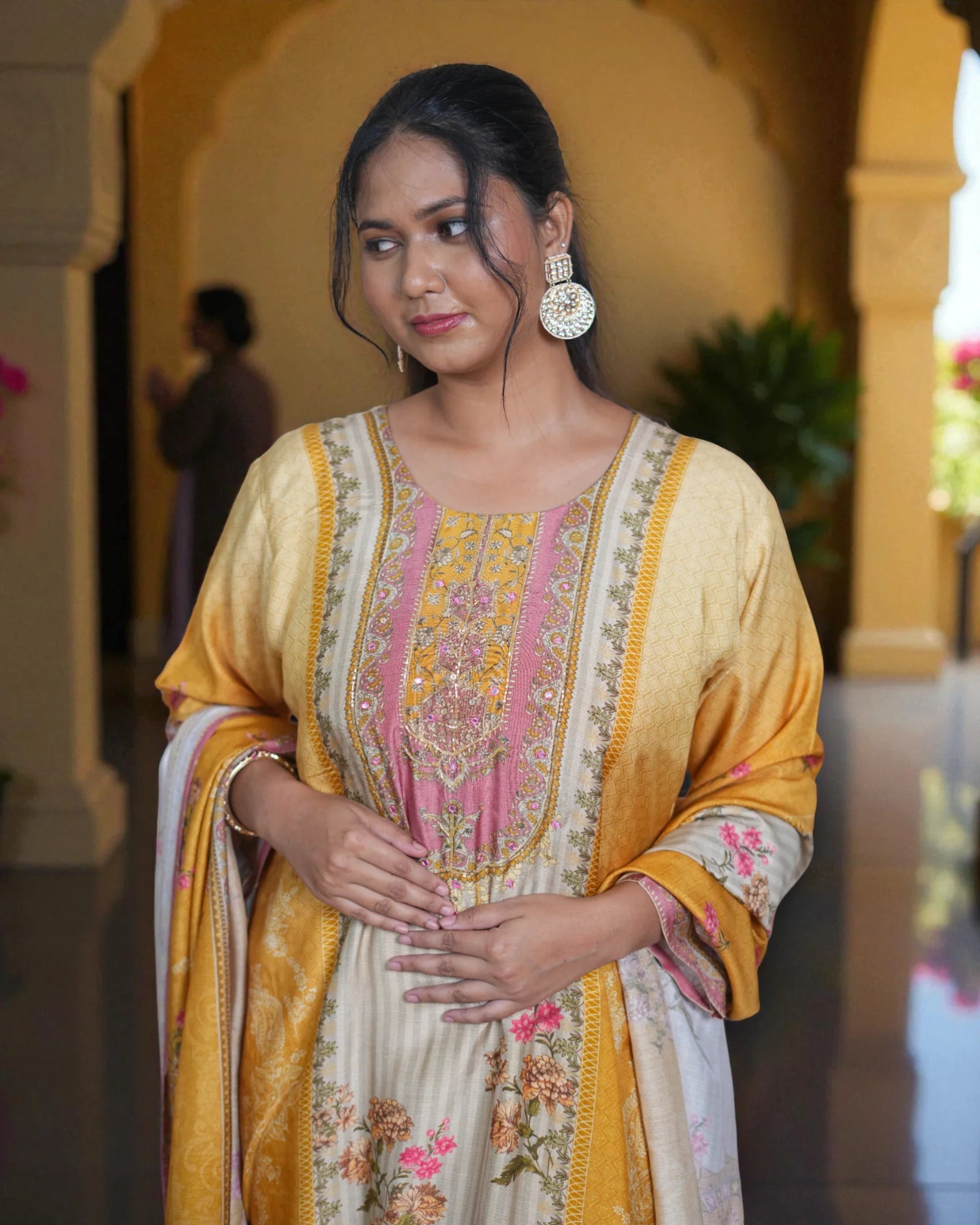 Crepe Silk Kurta Set with Floral Print Dupatta