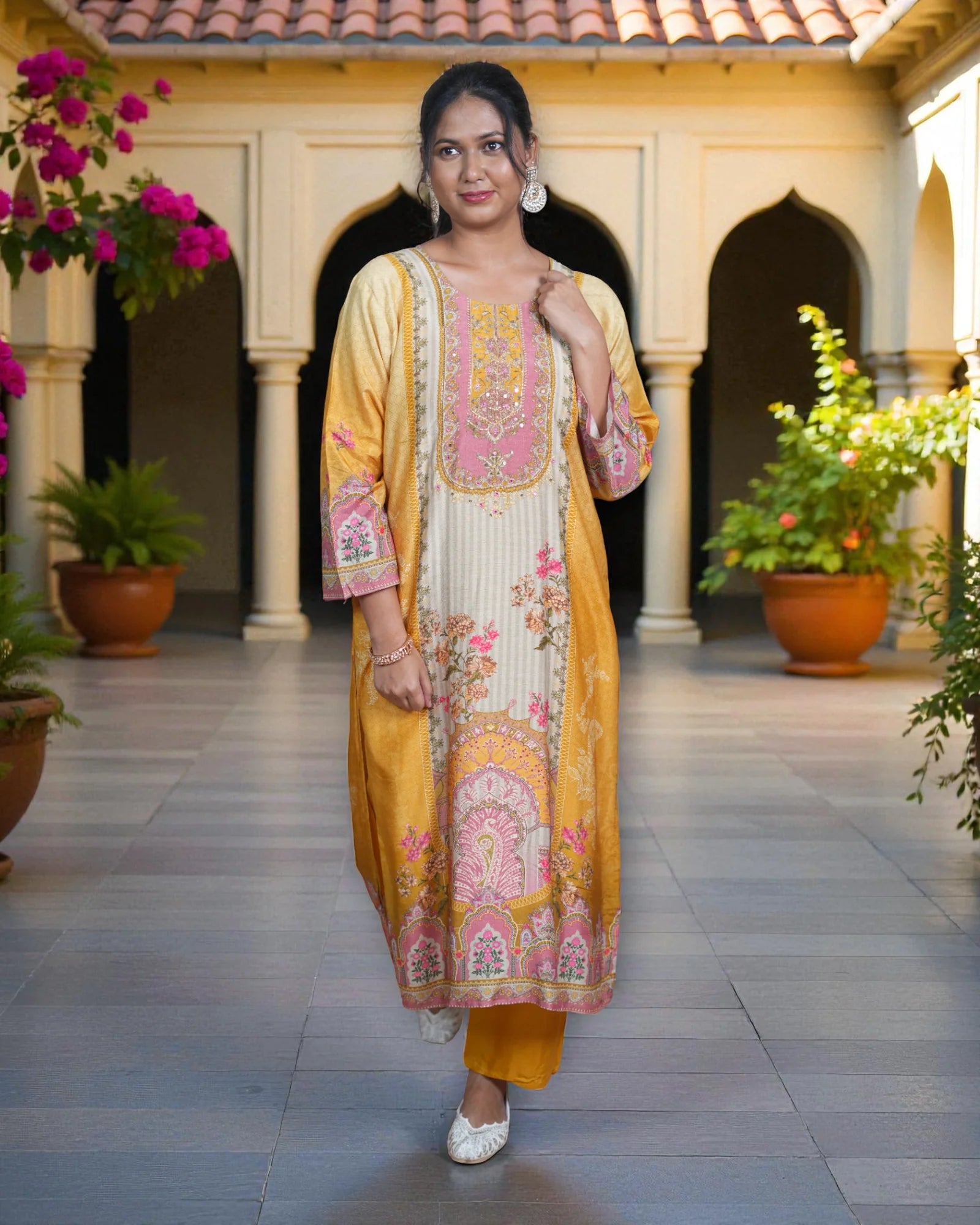 Crepe Silk Kurta Set with Floral Print Dupatta