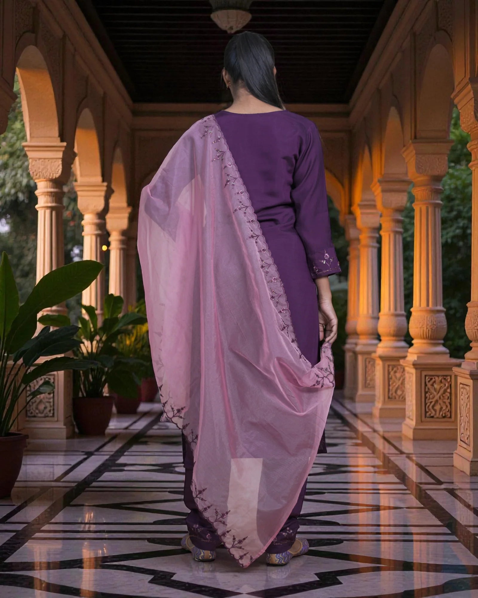 Dark Purple Cotton Sequined Cutwork Kurta Set