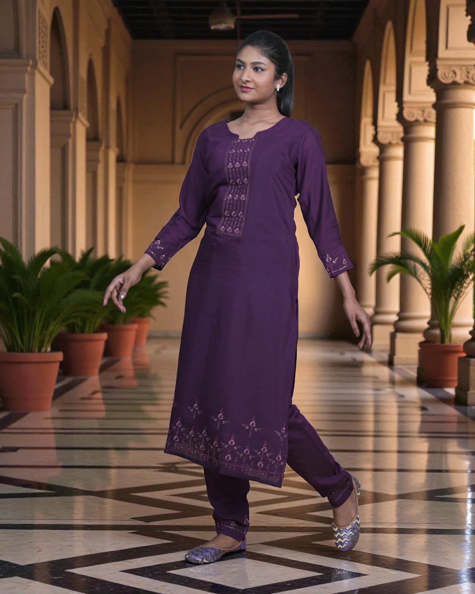 Dark Purple Cotton Sequined Cutwork Kurta Set