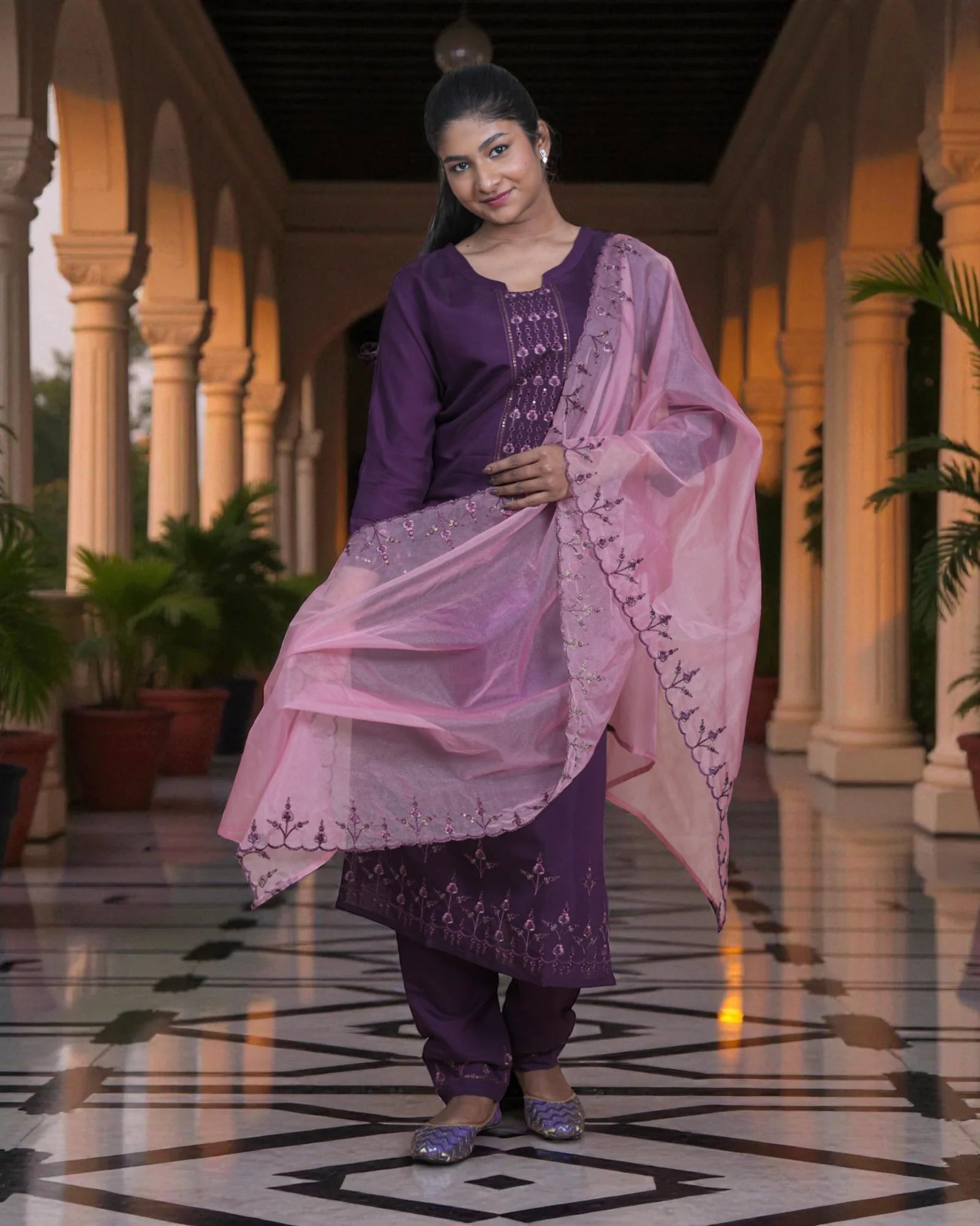 Dark Purple Cotton Sequined Cutwork Kurta Set