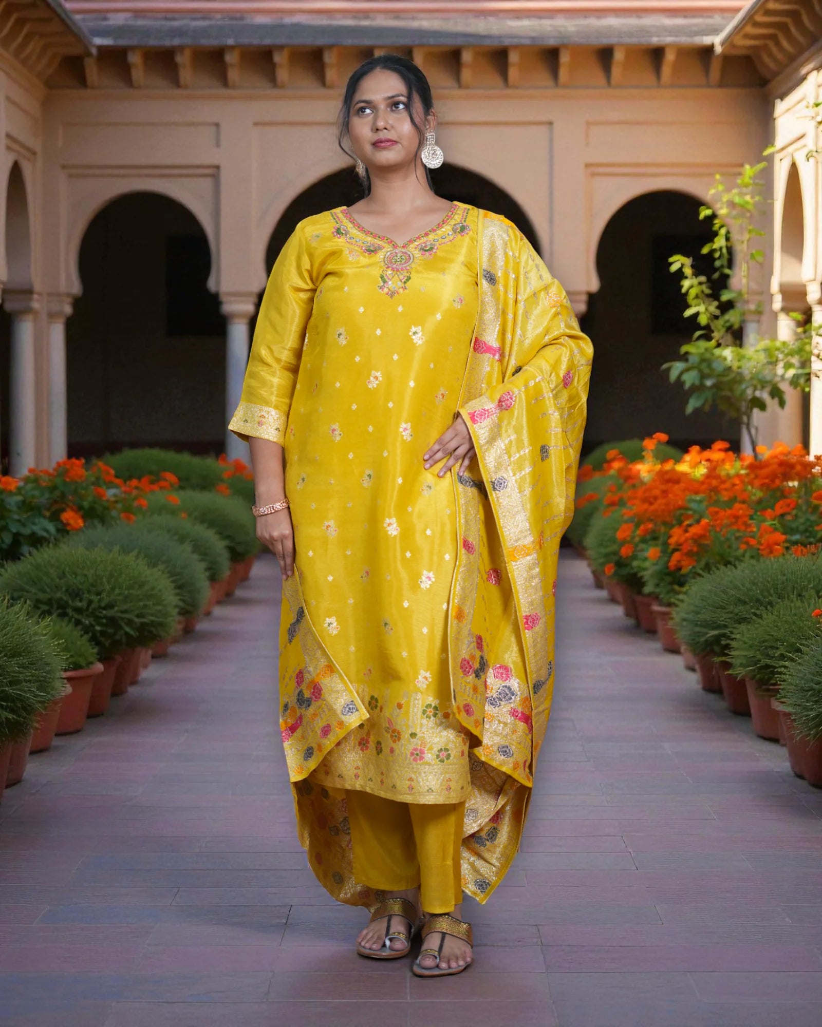 Beige Zardozi Beaded Cotton Kurta Set