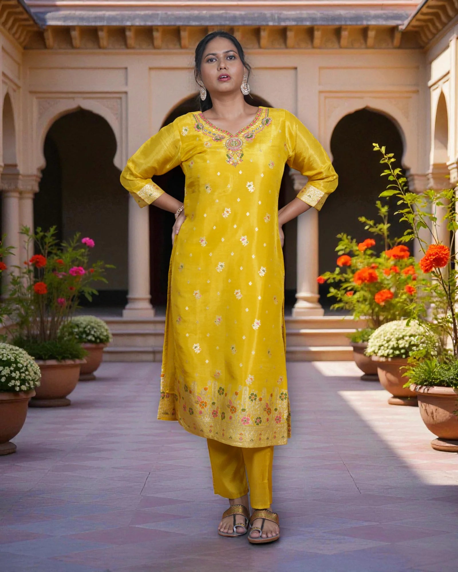 Beige Zardozi Beaded Cotton Kurta Set