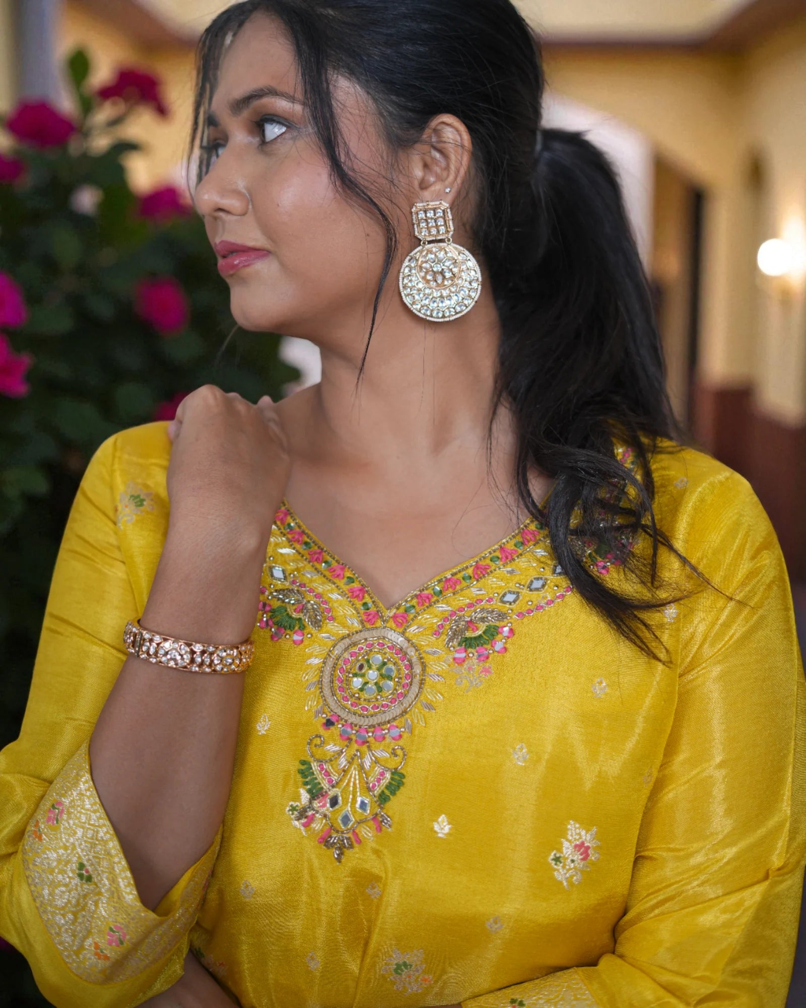 Beige Zardozi Beaded Cotton Kurta Set