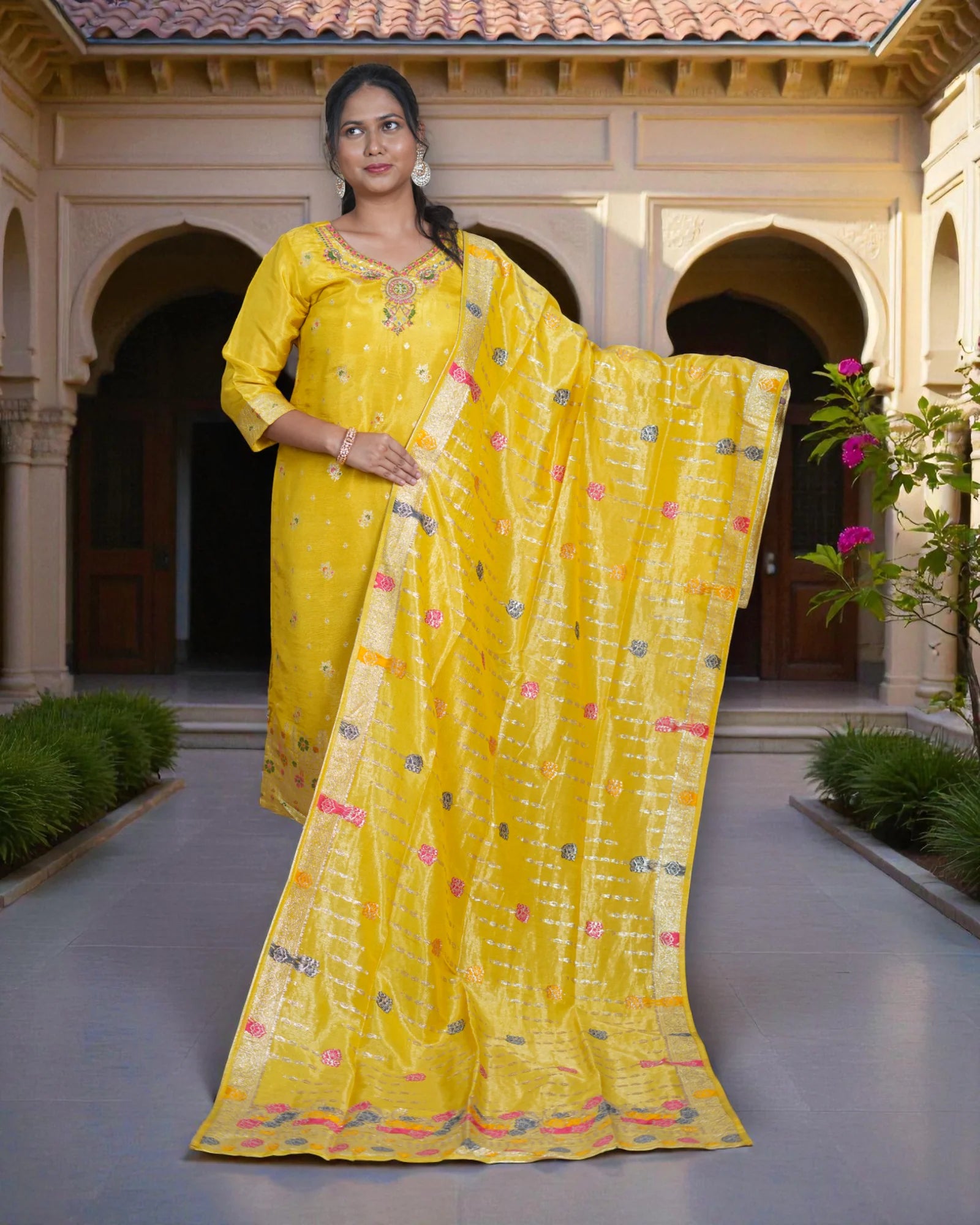 Beige Zardozi Beaded Cotton Kurta Set