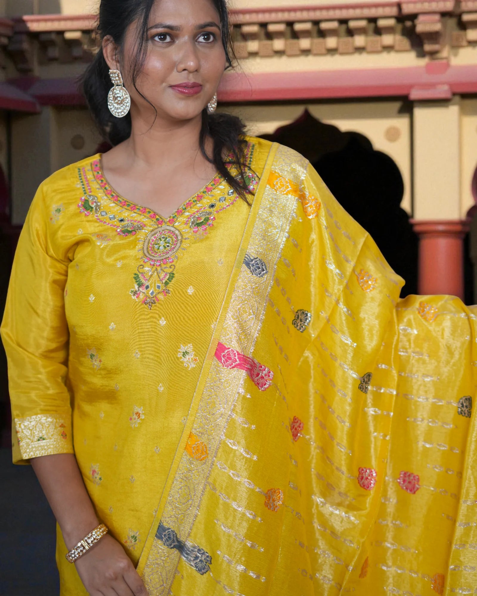 Beige Zardozi Beaded Cotton Kurta Set