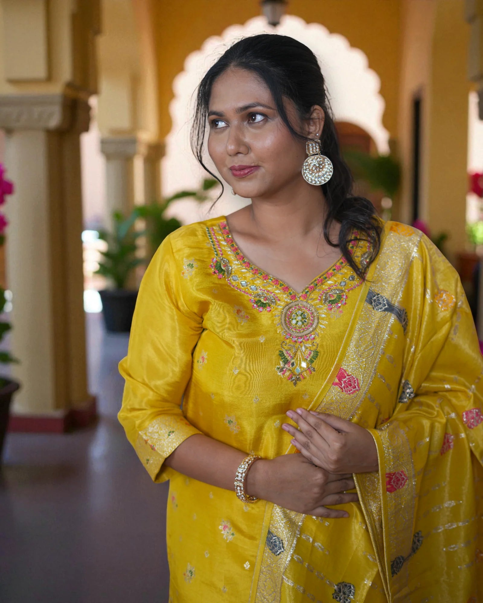 Beige Zardozi Beaded Cotton Kurta Set