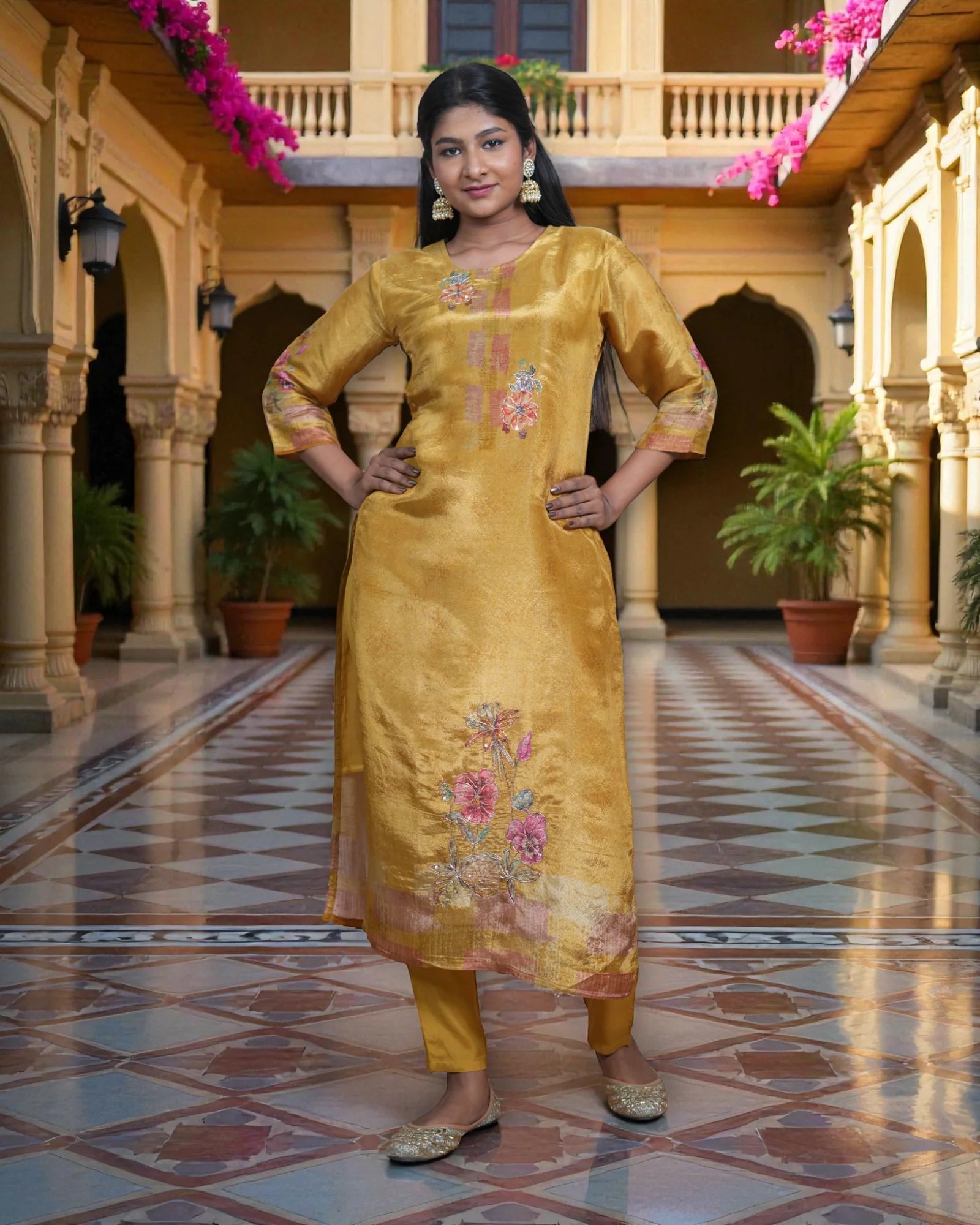 Floral Tissue Kurta Set With Banarasi Dupatta