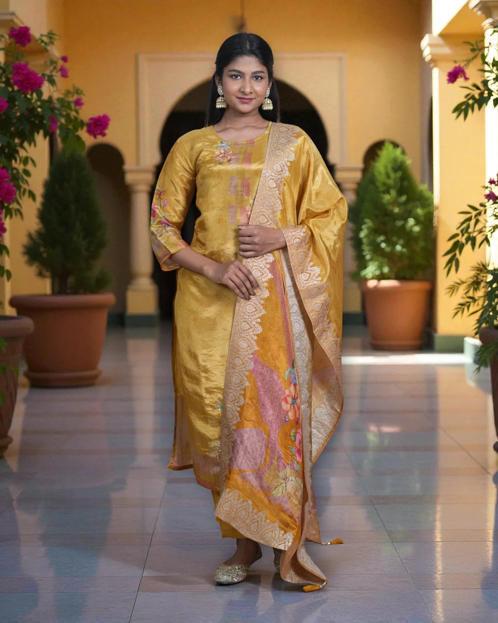 Floral Tissue Kurta Set With Banarasi Dupatta