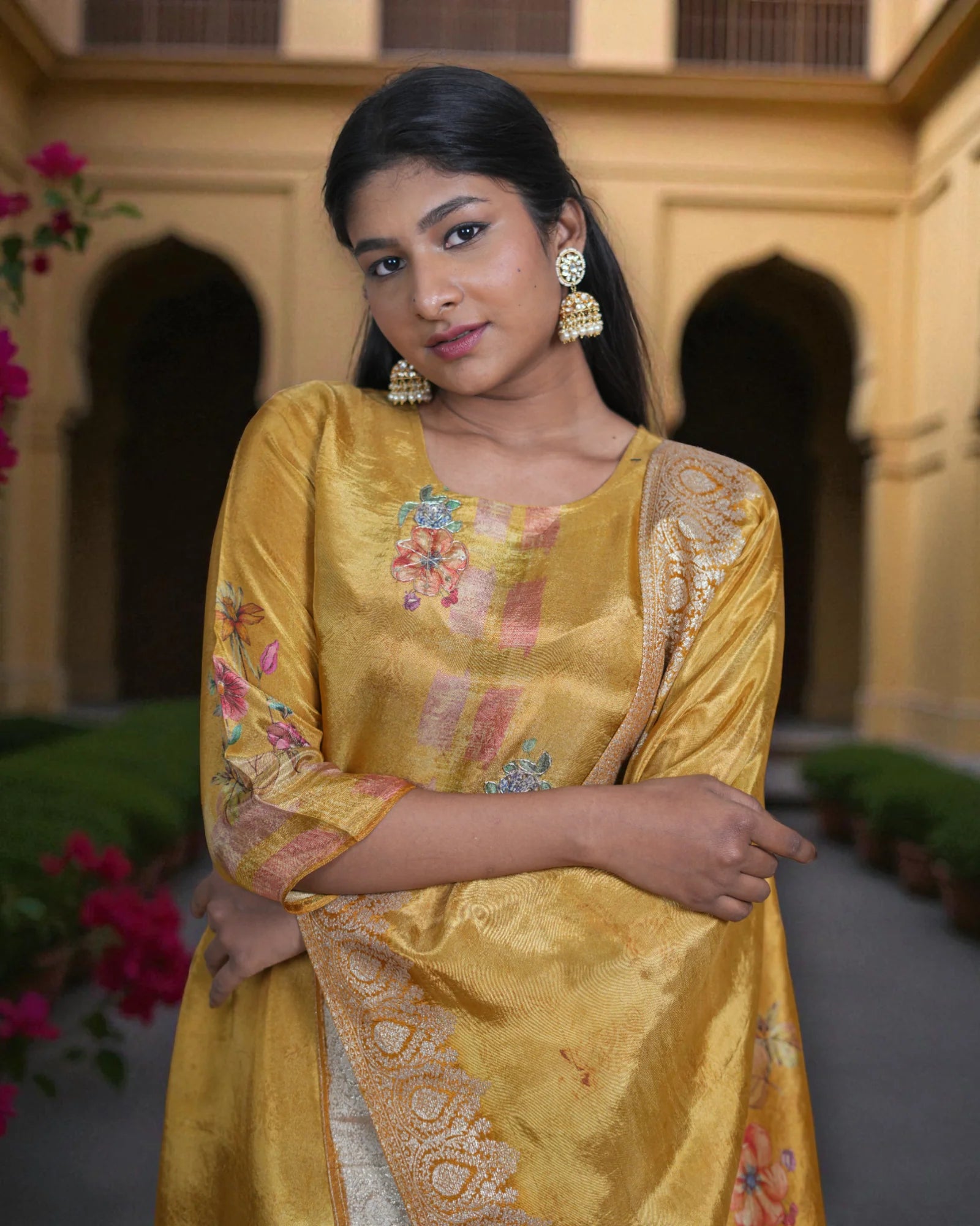 Floral Tissue Kurta Set With Banarasi Dupatta