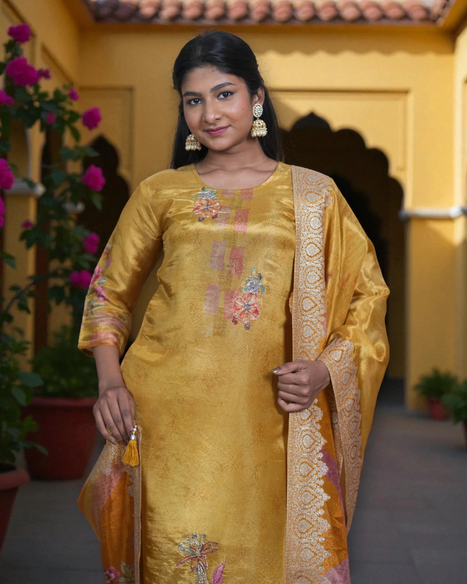 Floral Tissue Kurta Set With Banarasi Dupatta