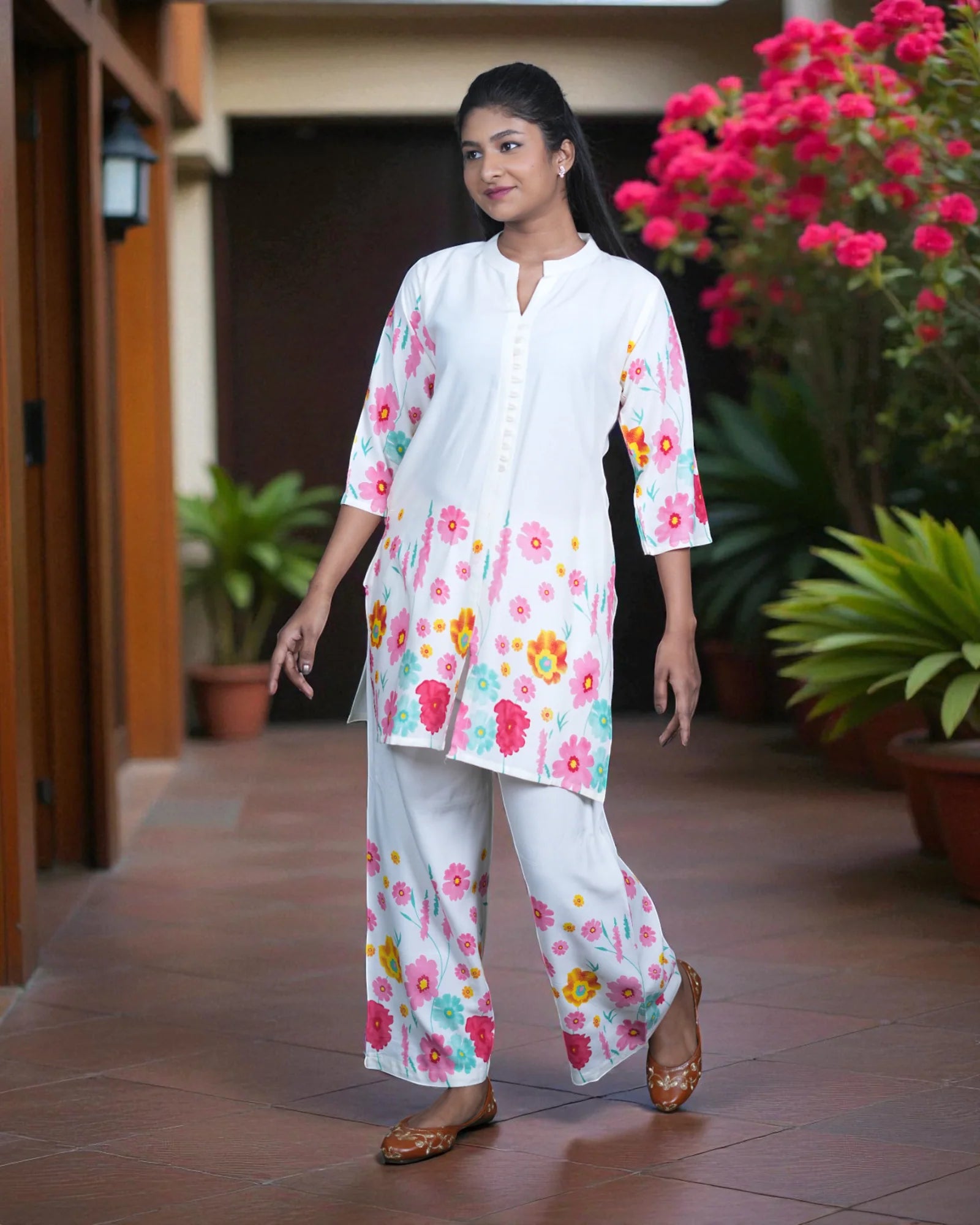 Floral Printed Cotton Ankle Bottoms Co-Ord Set