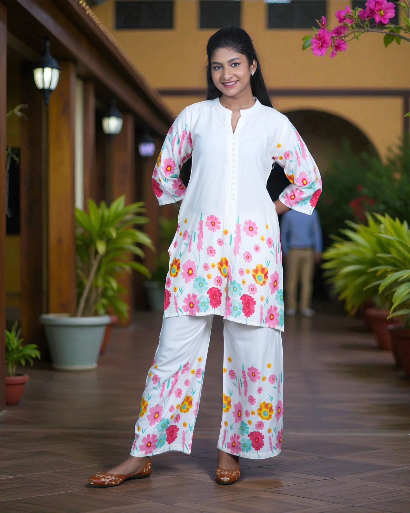 Floral Printed Cotton Ankle Bottoms Co-Ord Set
