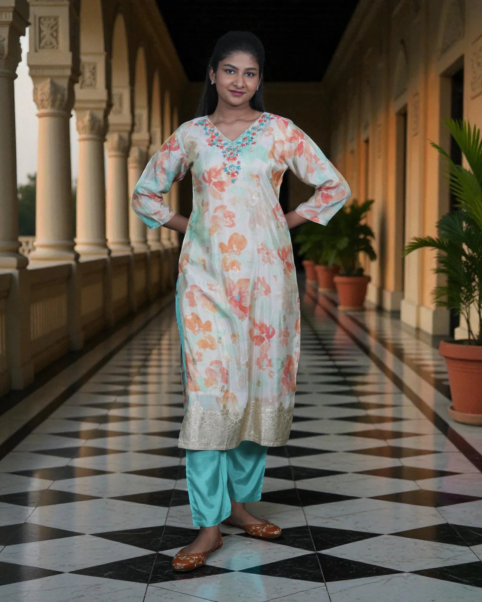 Floral Cotton Embroidered Kurta Set