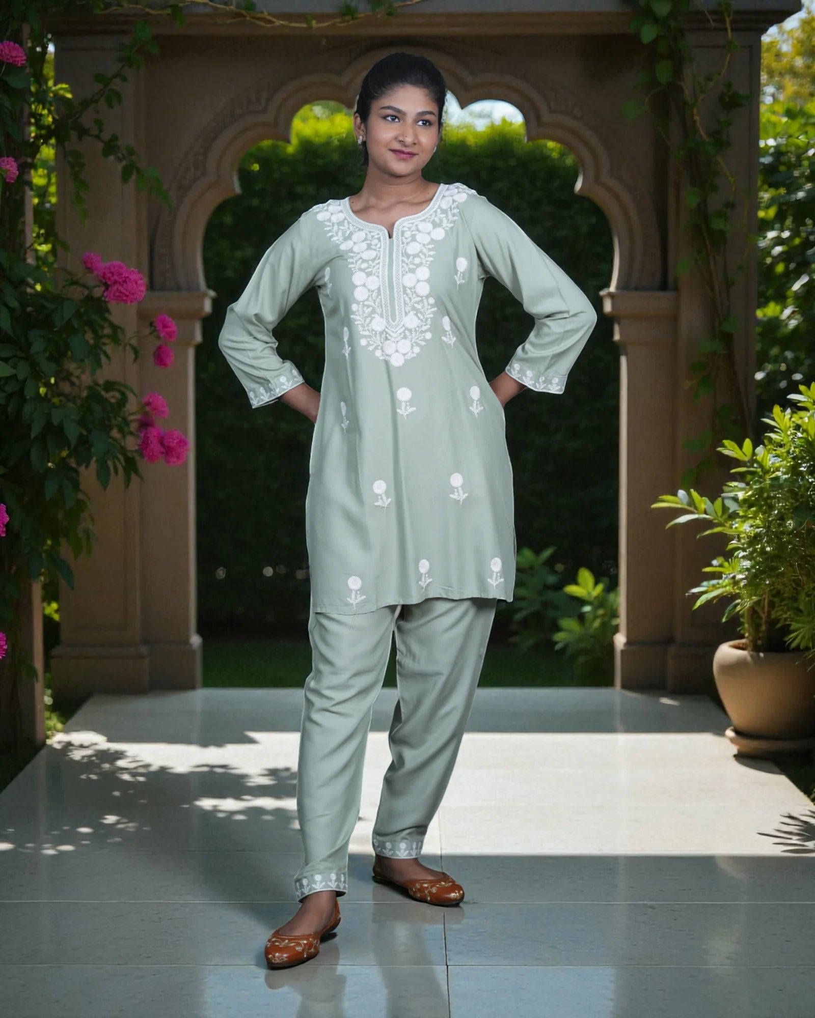 Floral Embroidered Rayon Ankle Pants