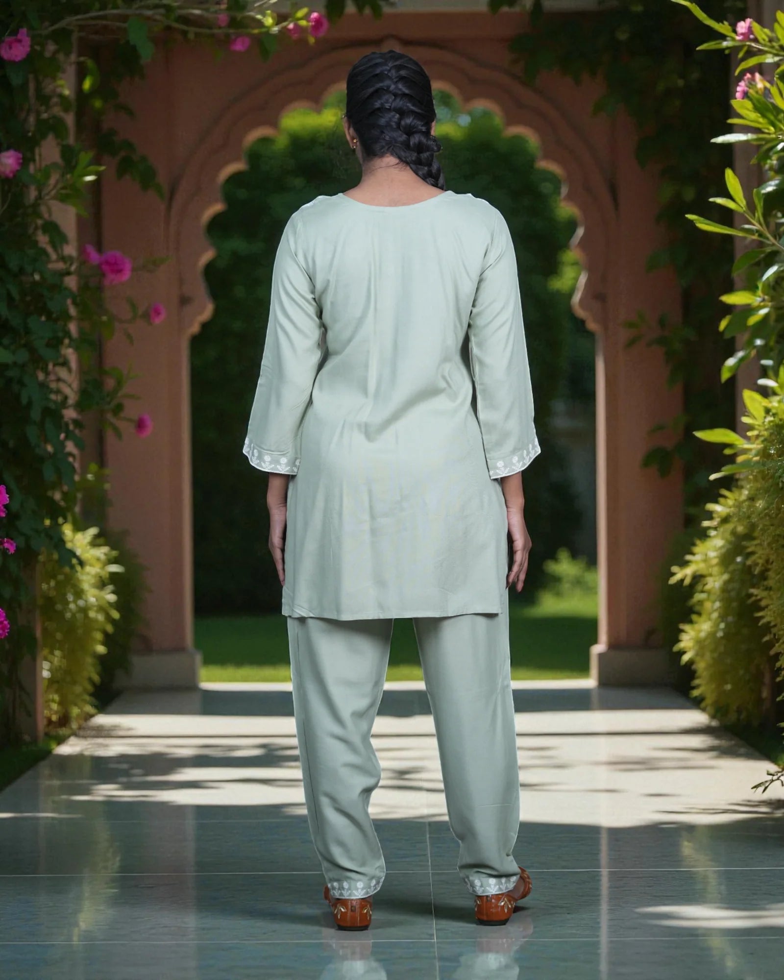 Floral Embroidered Rayon Ankle Pants