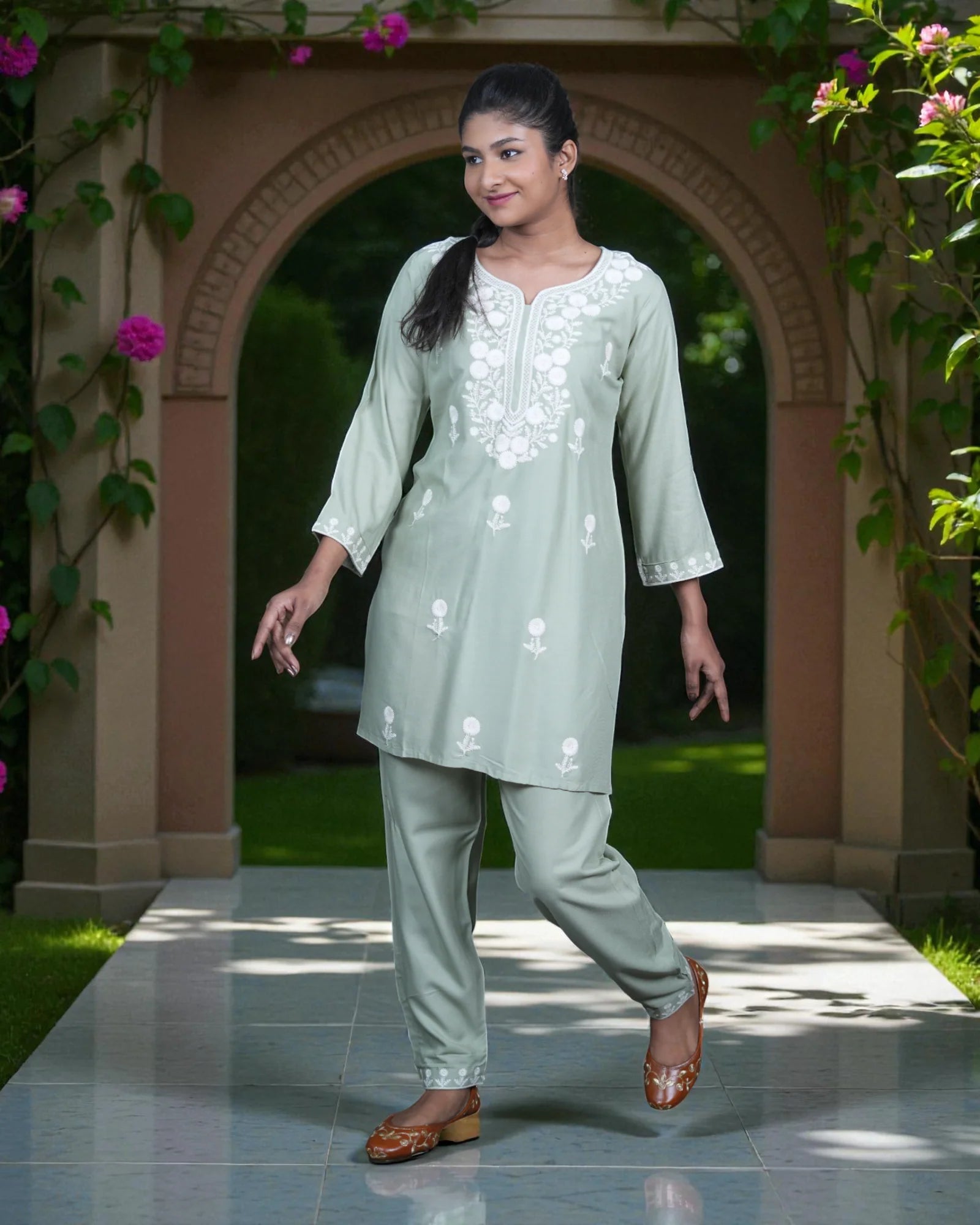 Floral Embroidered Rayon Ankle Pants