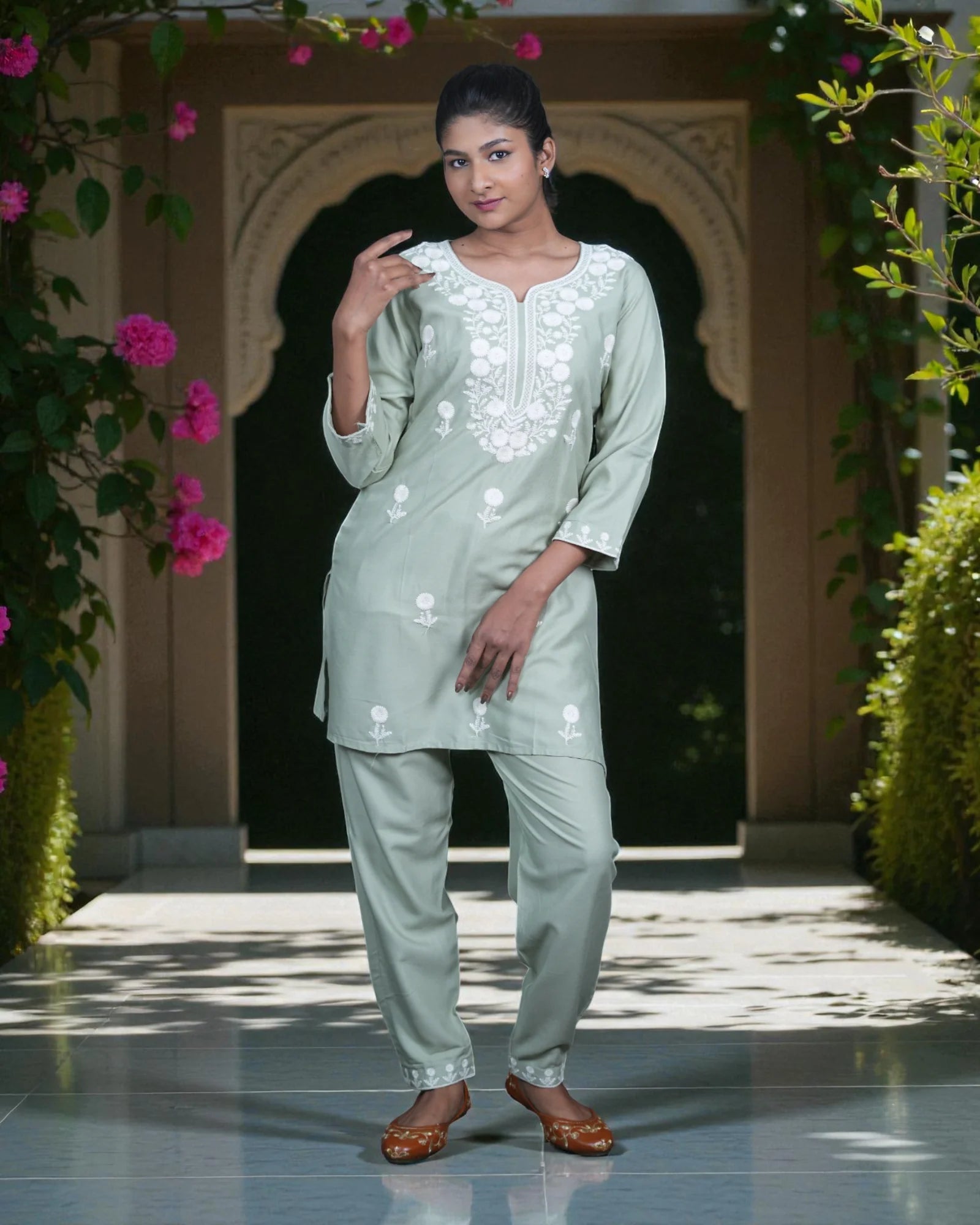 Floral Embroidered Rayon Ankle Pants