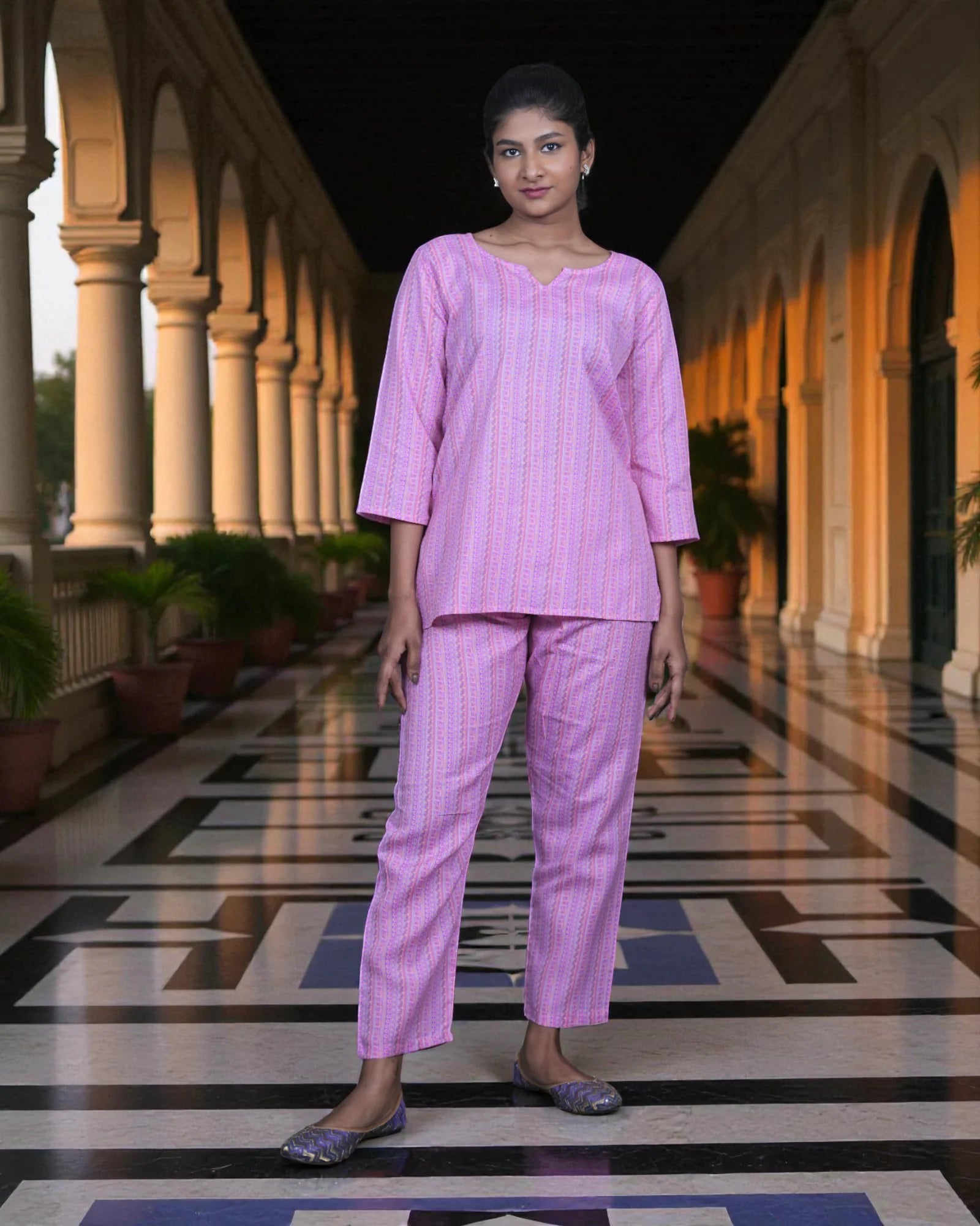 Striped Cotton Cord Embroidered Co-Ord Set