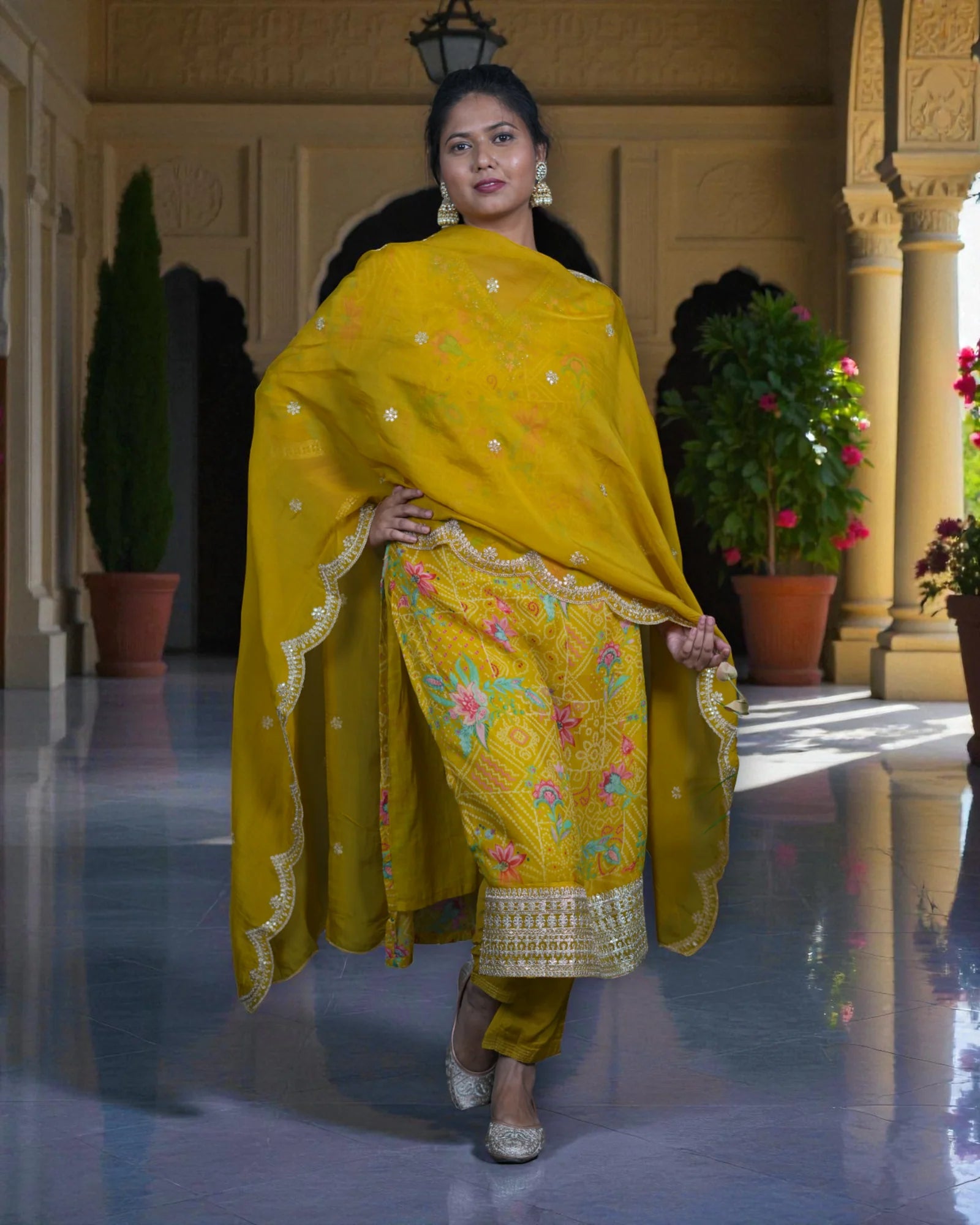 Multicolor Bandhani Zardozi Embroidered Kurta Set