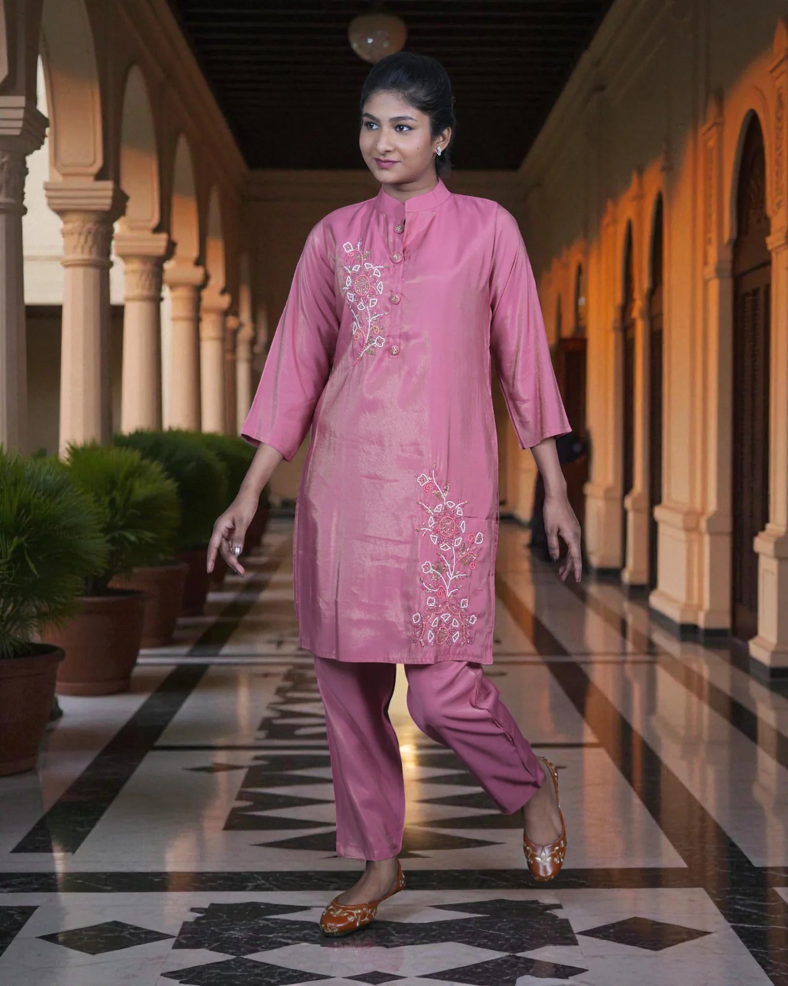 Silk Zardozi Embroidered Chinese Collar Co-Ord Set