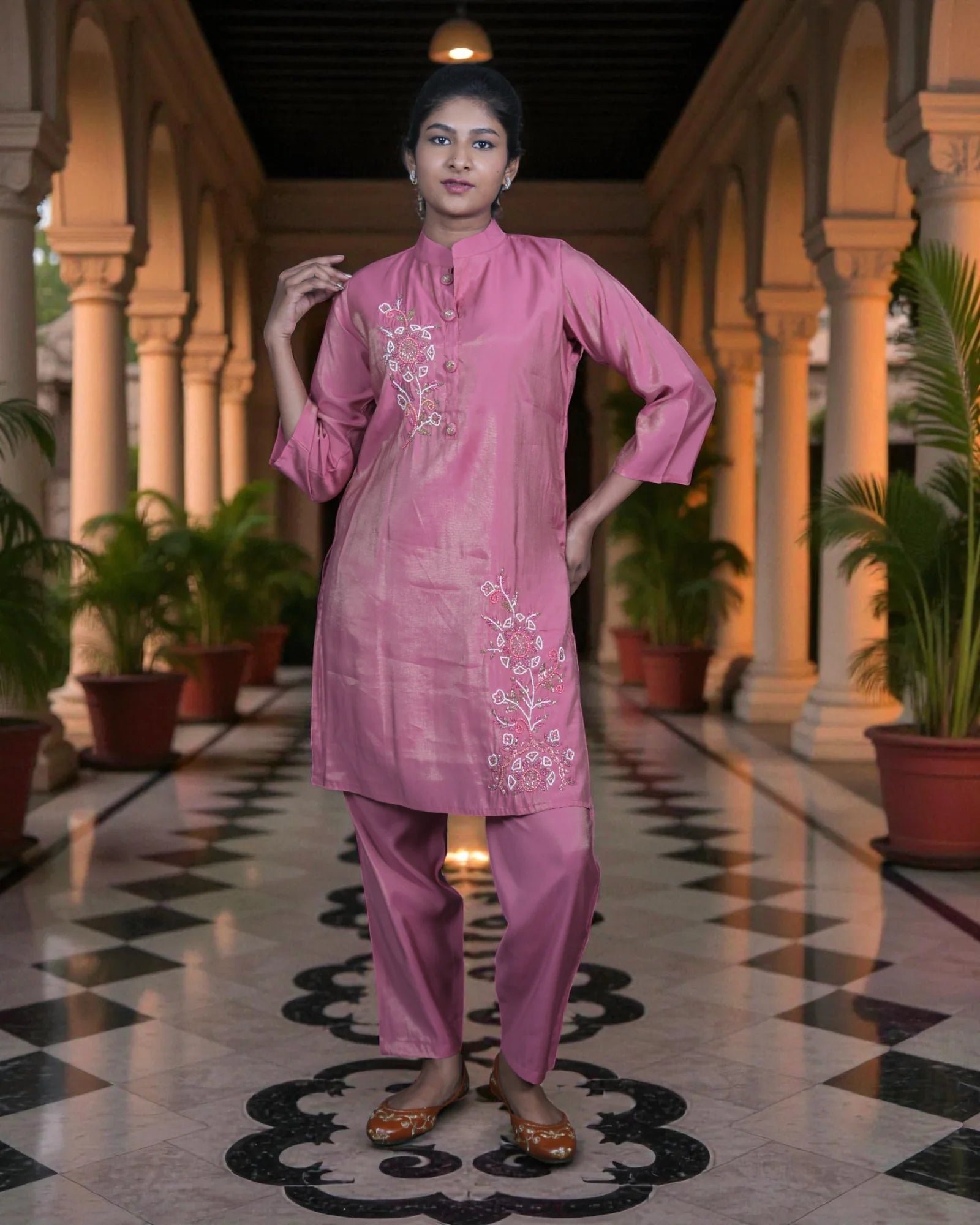 Silk Zardozi Embroidered Chinese Collar Co-Ord Set