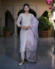 Beige Tissue Beaded Kurta Set