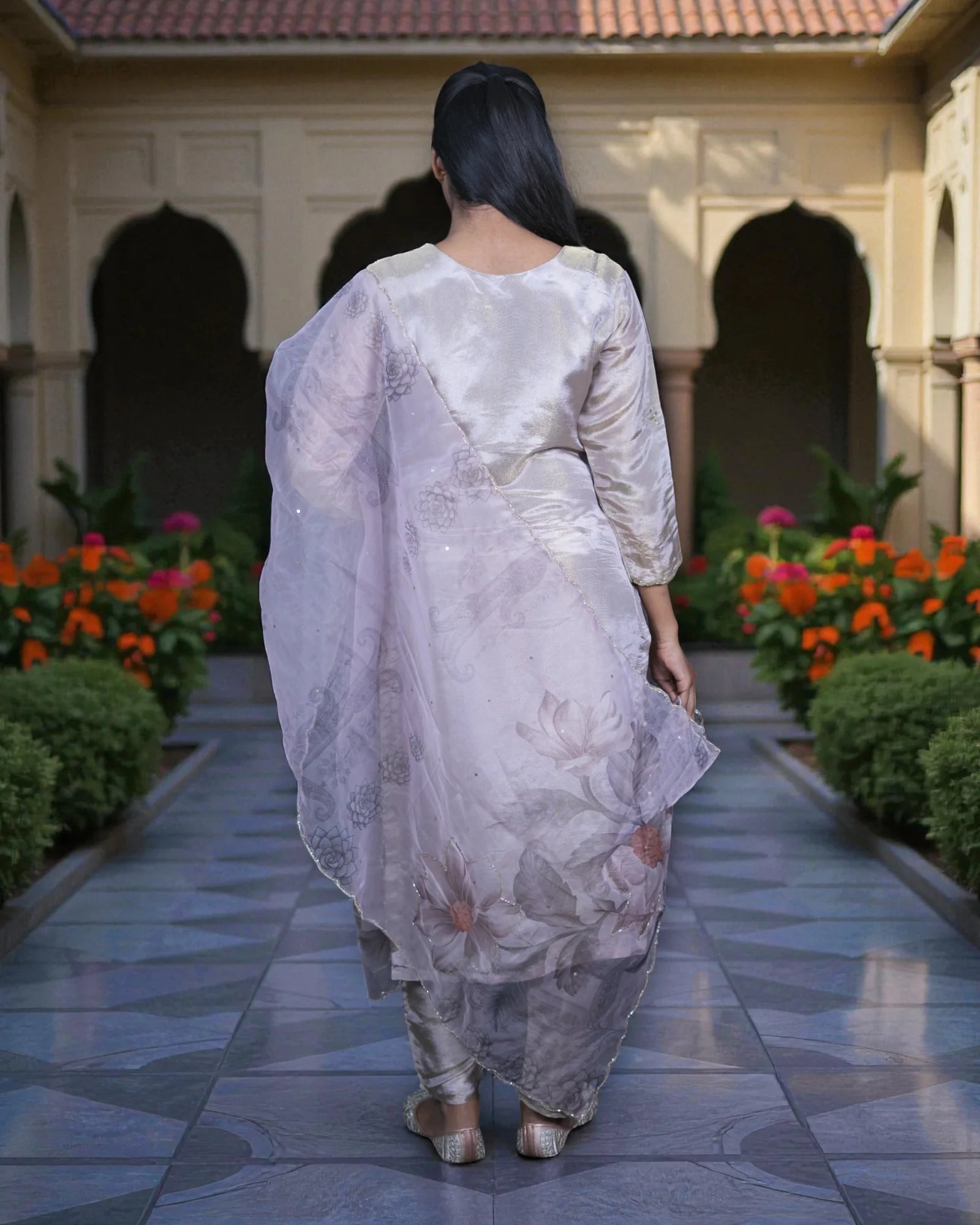 Beige Tissue Beaded Kurta Set