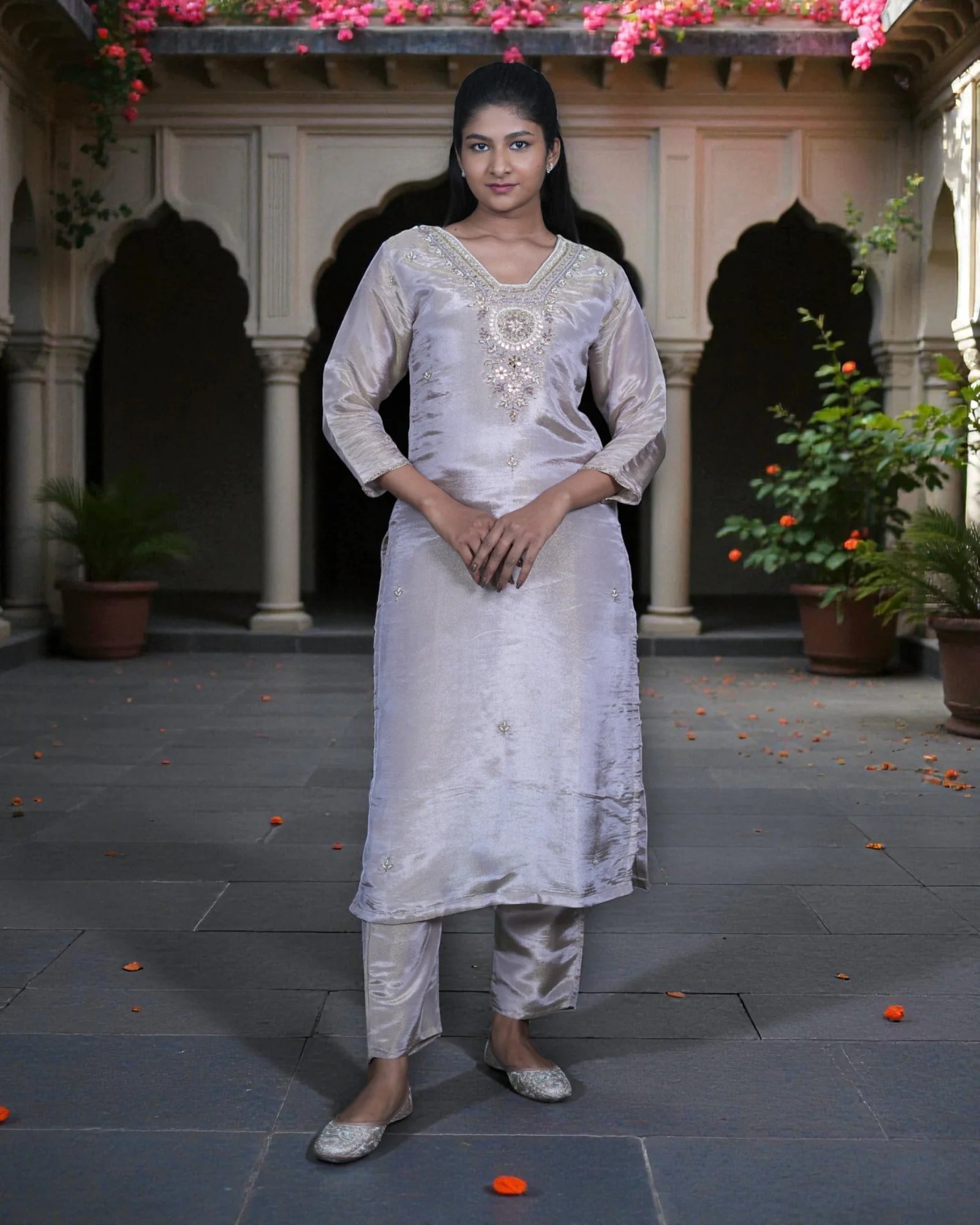 Beige Tissue Beaded Kurta Set