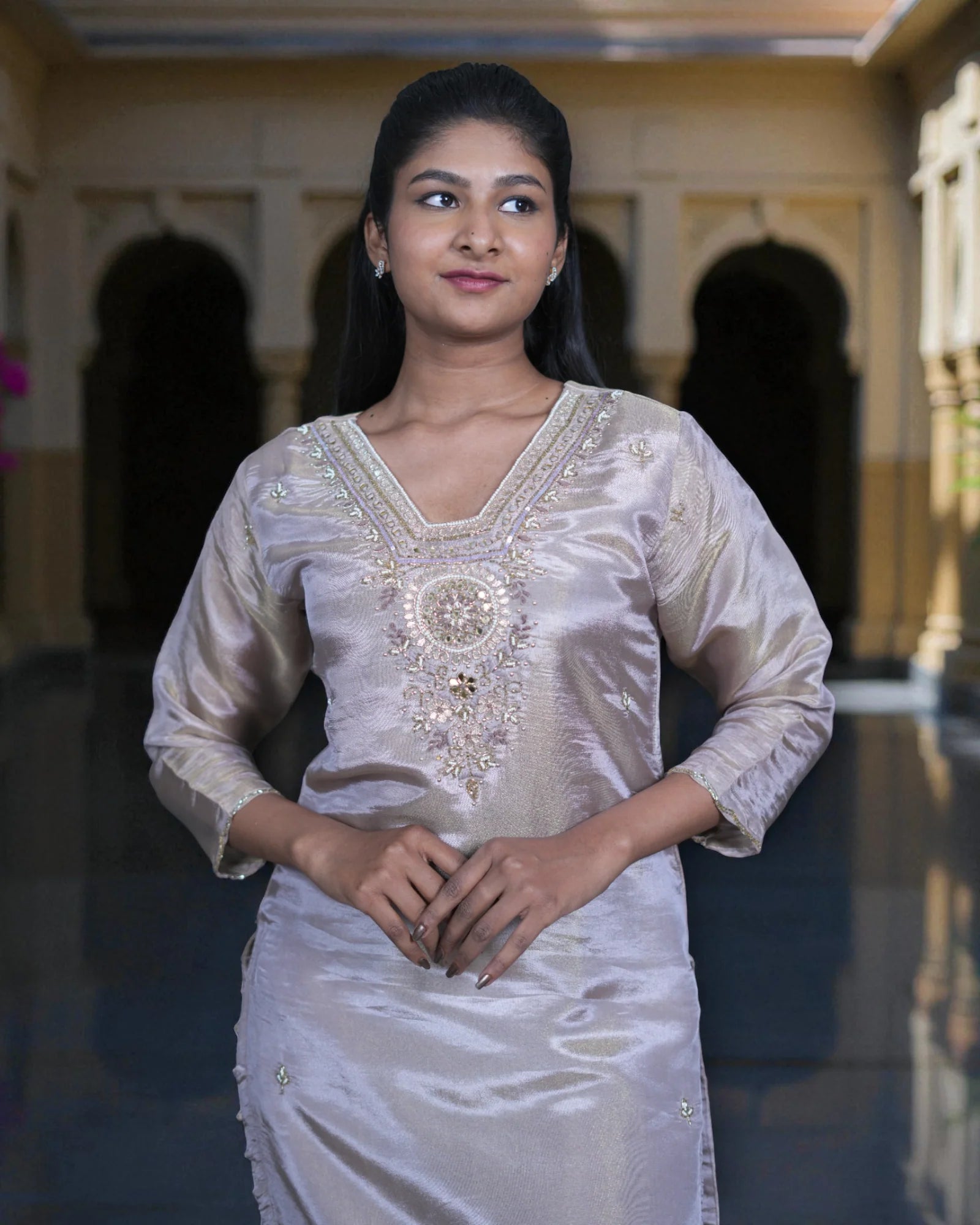 Beige Tissue Beaded Kurta Set