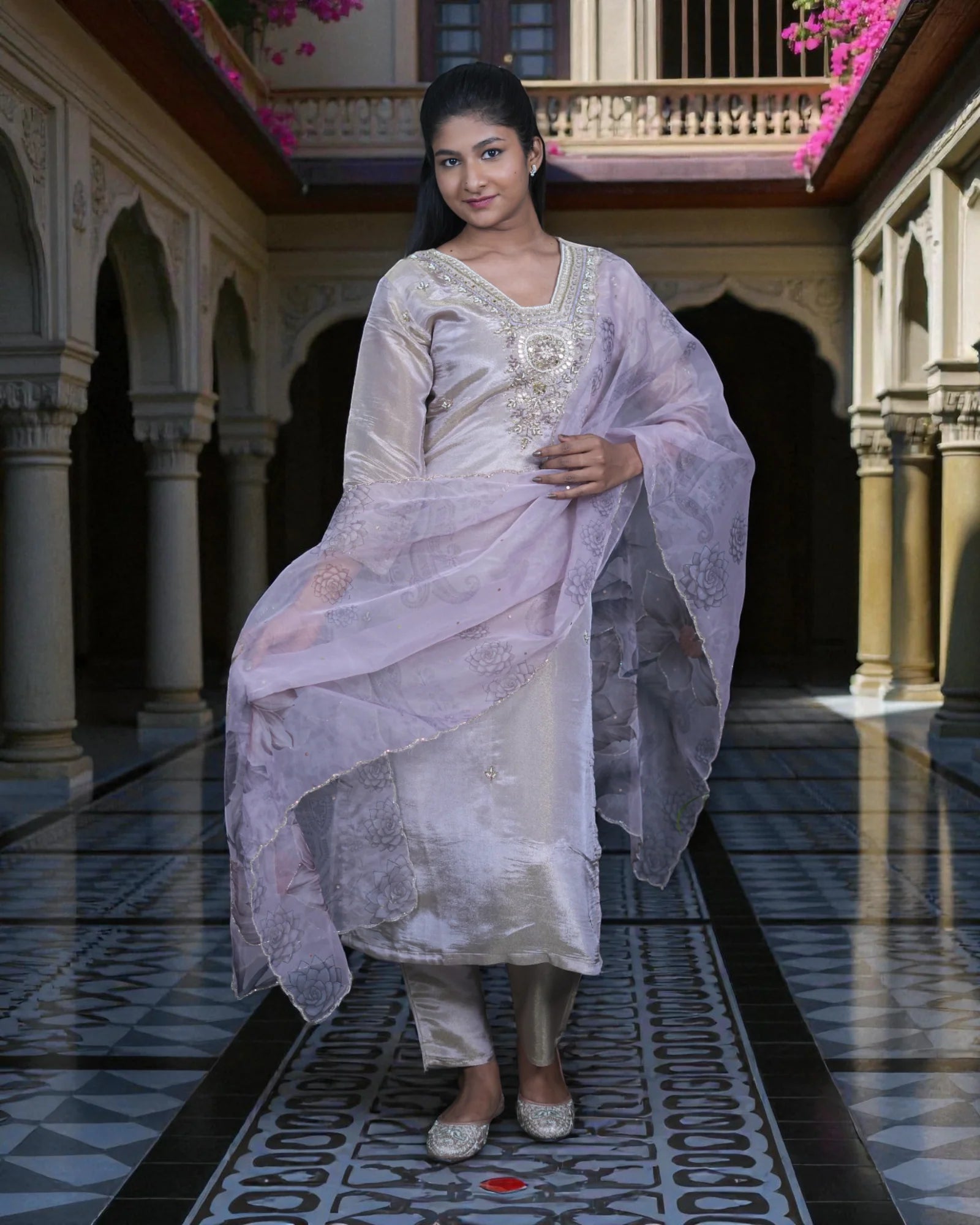 Beige Tissue Beaded Kurta Set