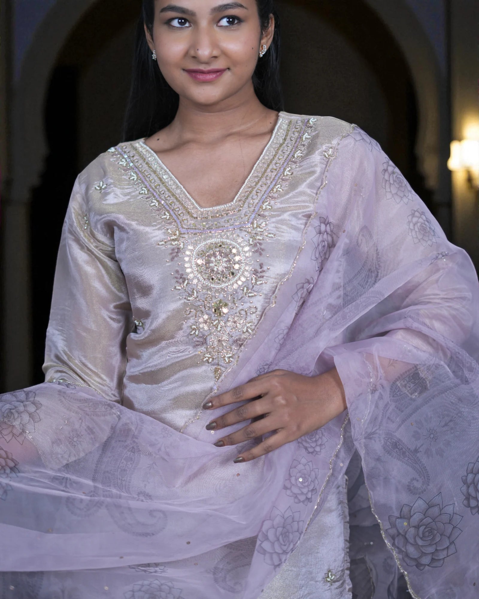 Beige Tissue Beaded Kurta Set