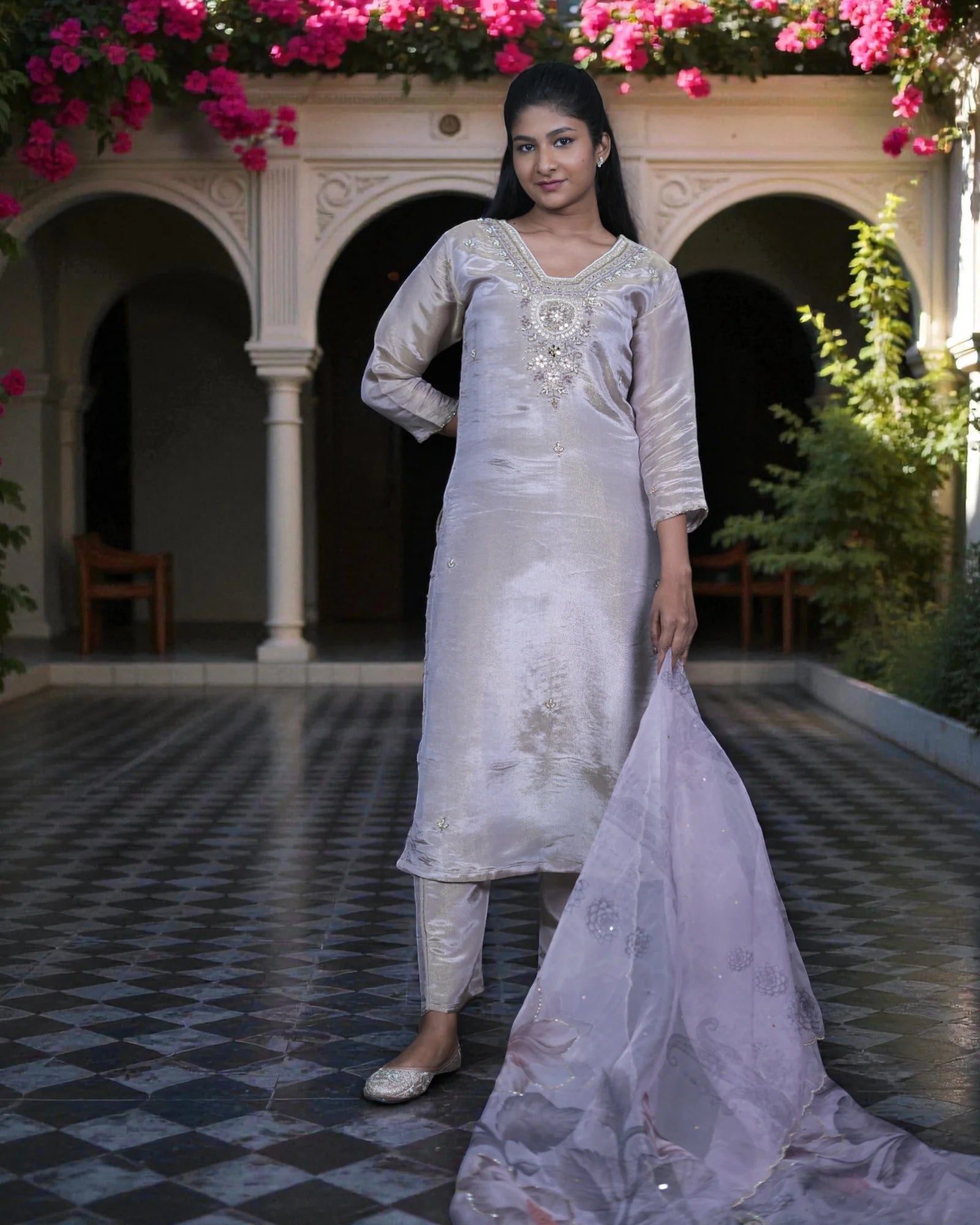 Beige Tissue Beaded Kurta Set