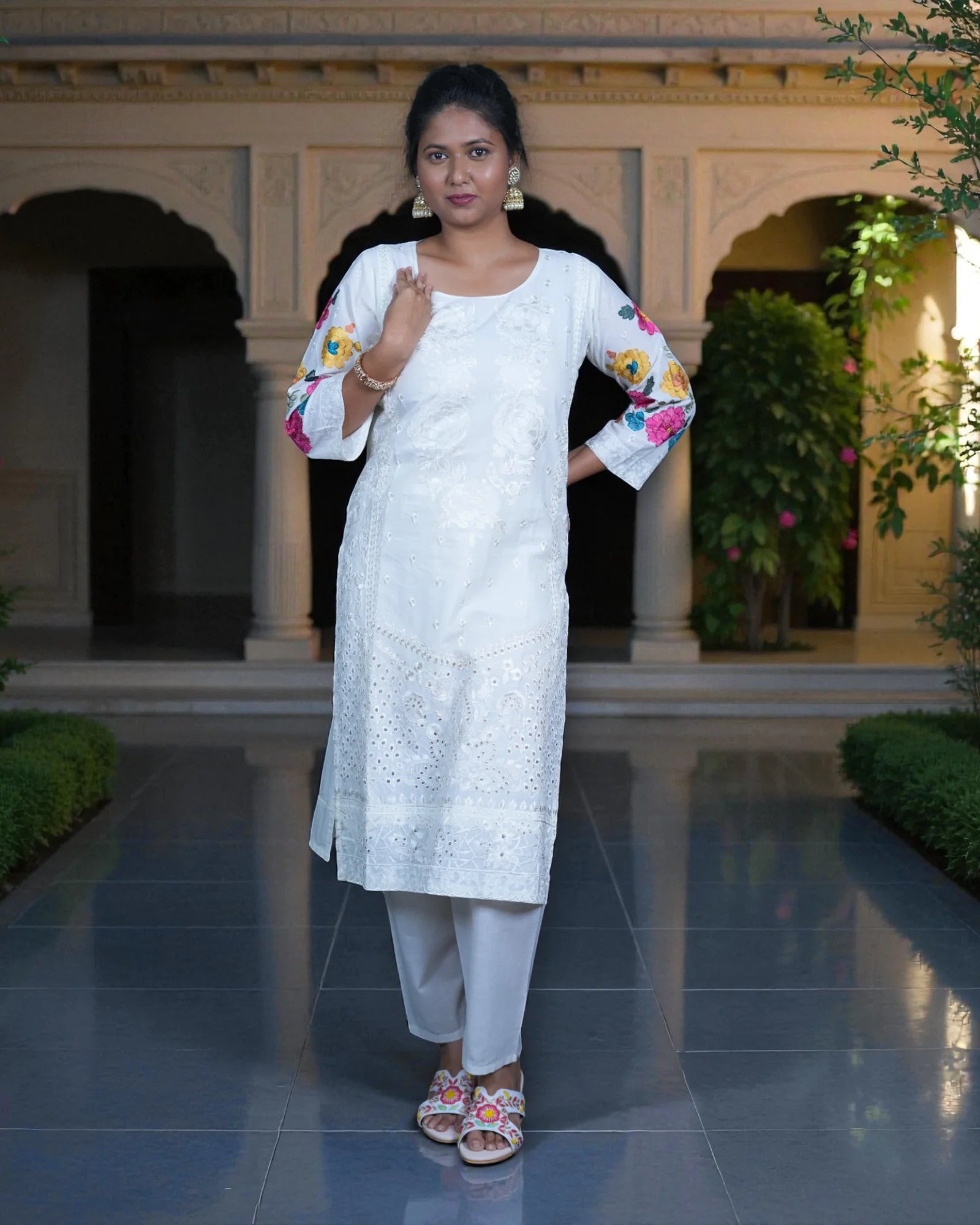 White Cotton Floor Length Bottom Pakistani Suit