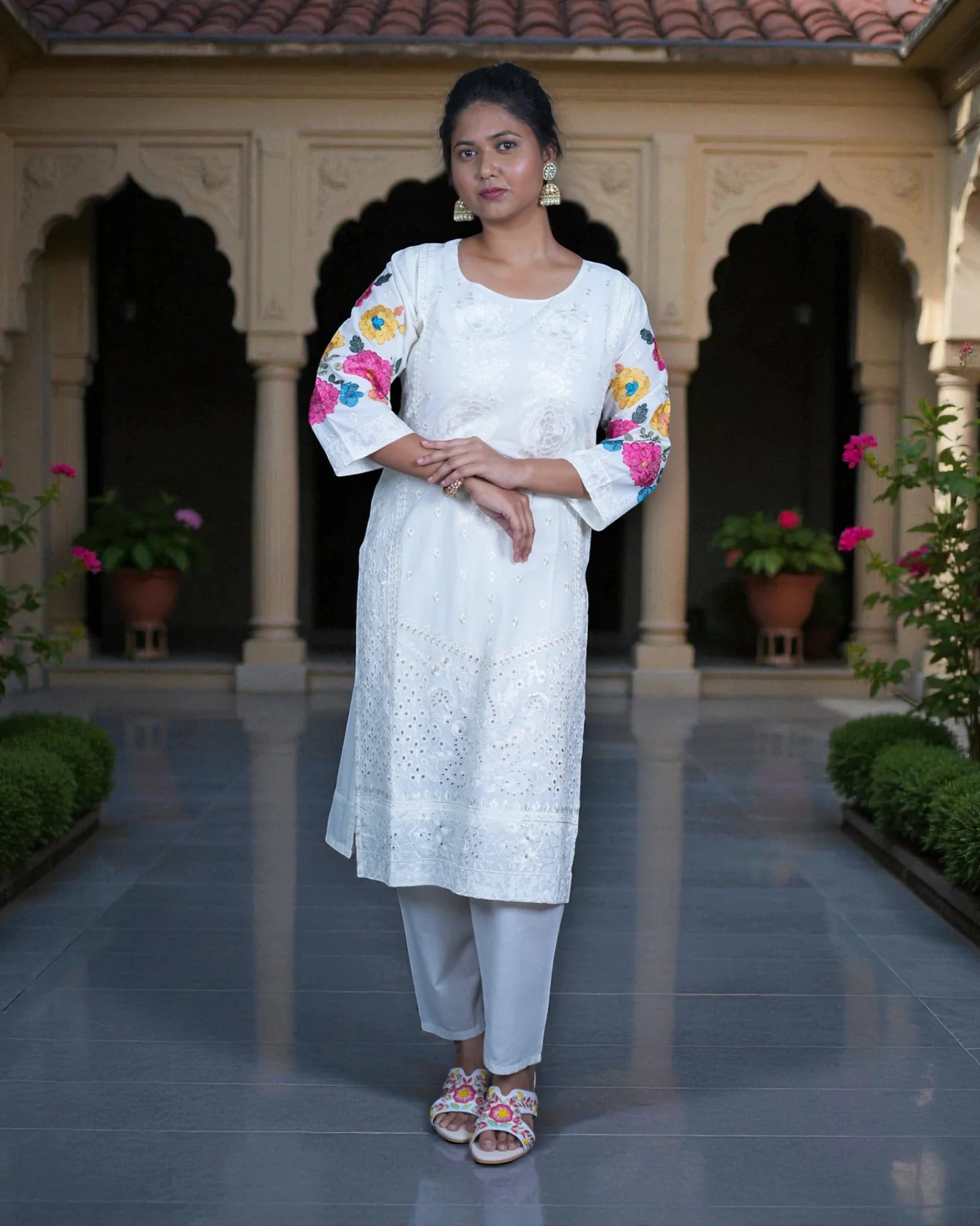 White Cotton Floor Length Bottom Pakistani Suit