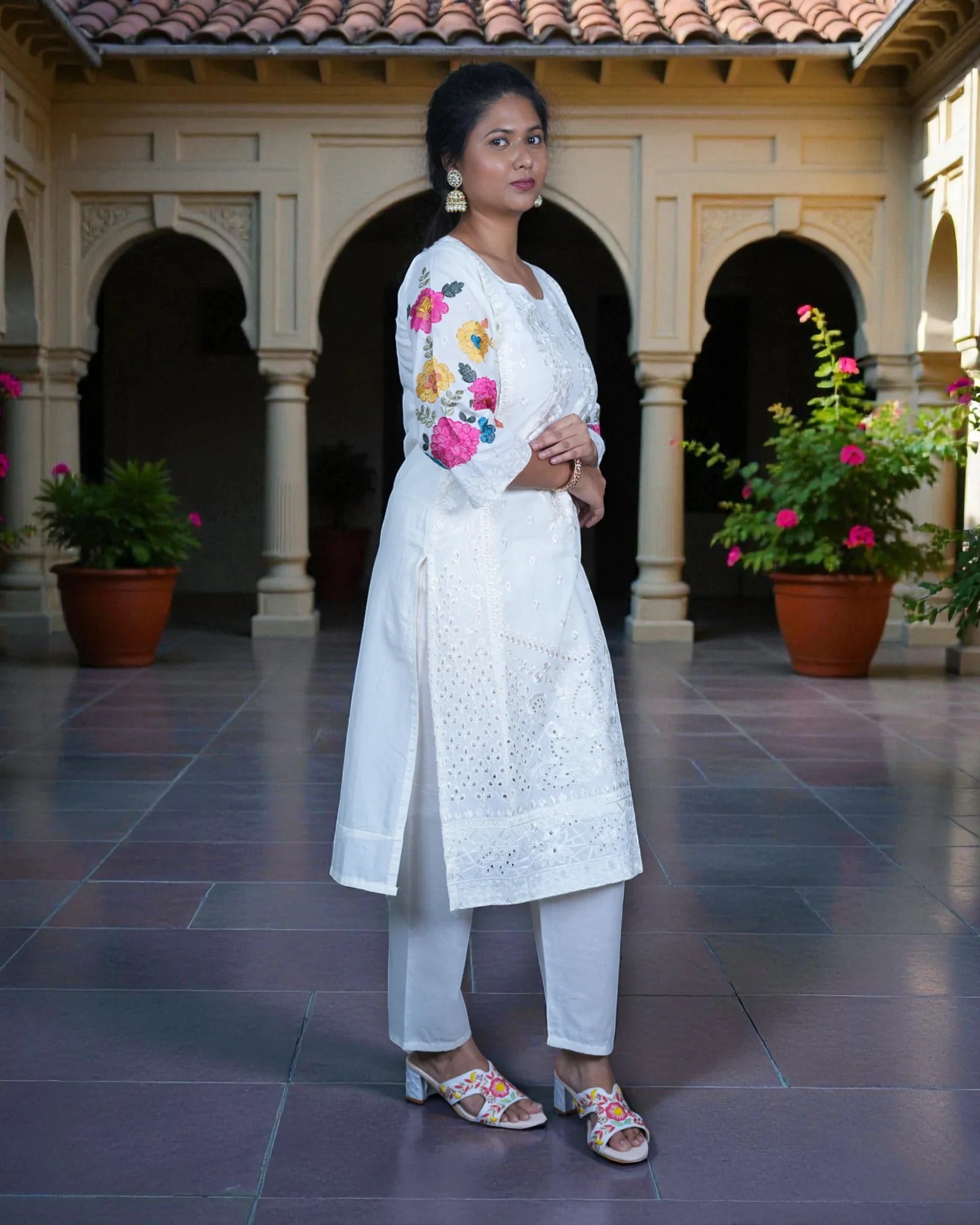 White Cotton Floor Length Bottom Pakistani Suit