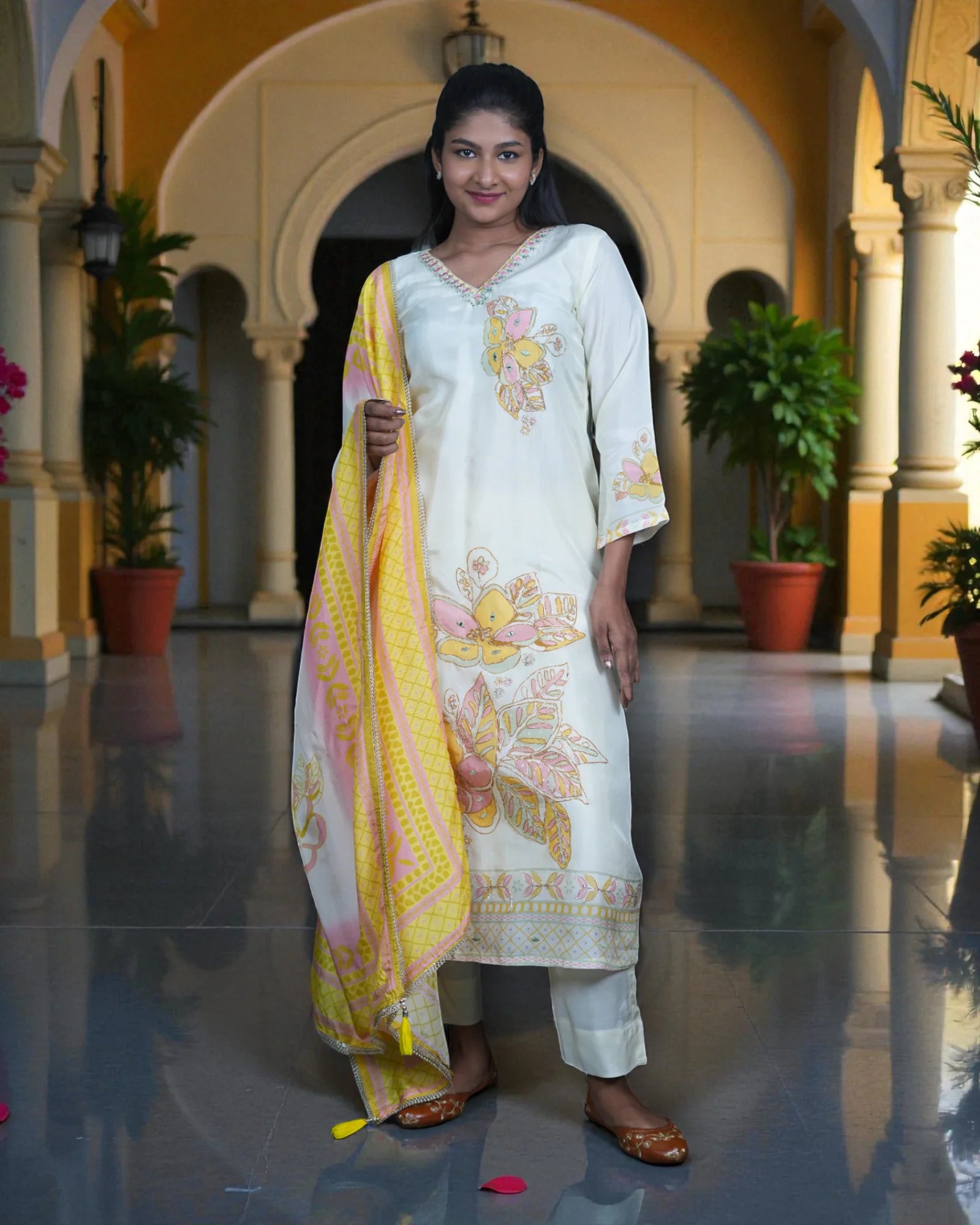 Floral Printed Chinon Silk Kurta Set
